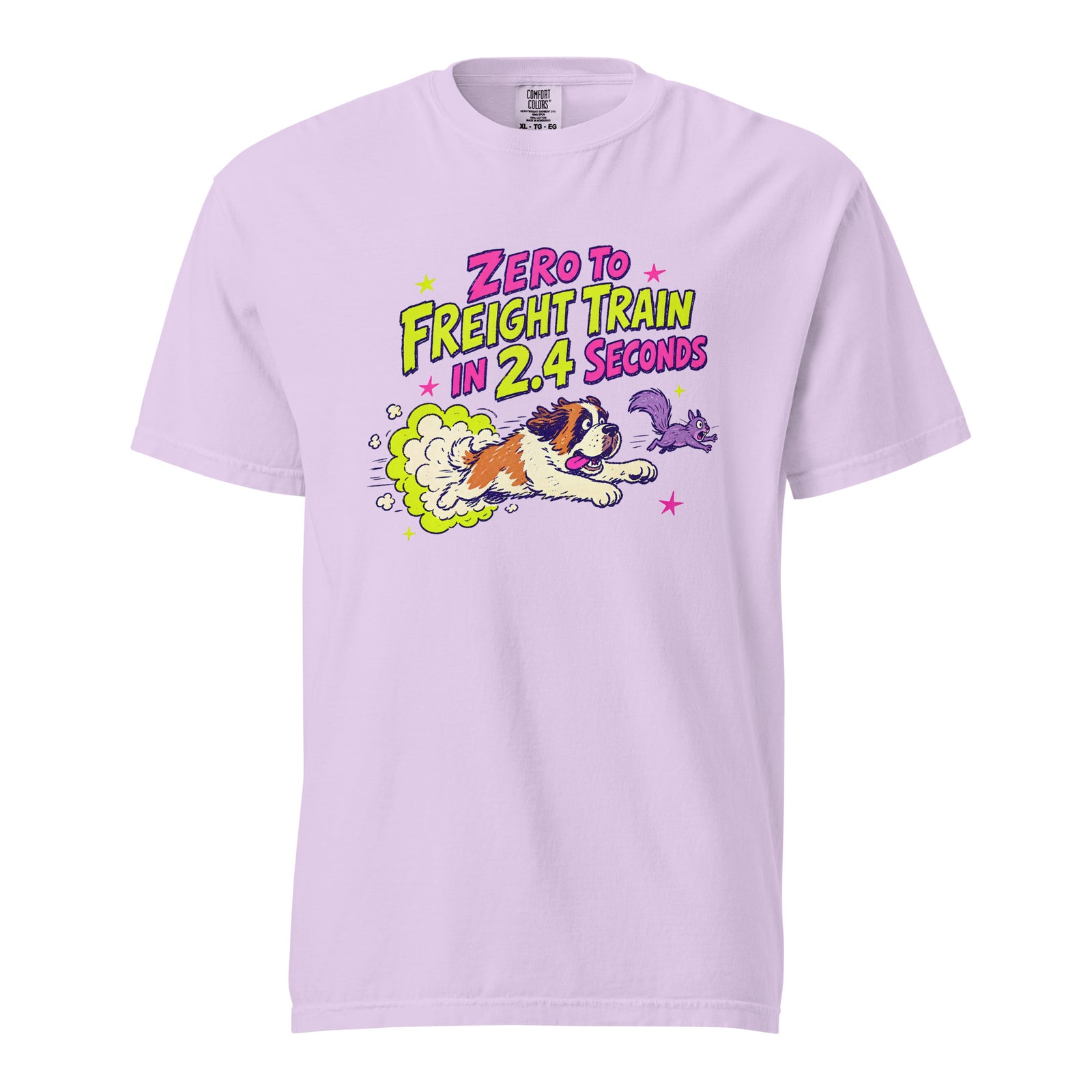 Orchid purple Comfort Colors t-shirt with a bright retro cartoon Saint Bernard chasing a squirrel and Zero to Freight Train in 2.4 Seconds lettering.