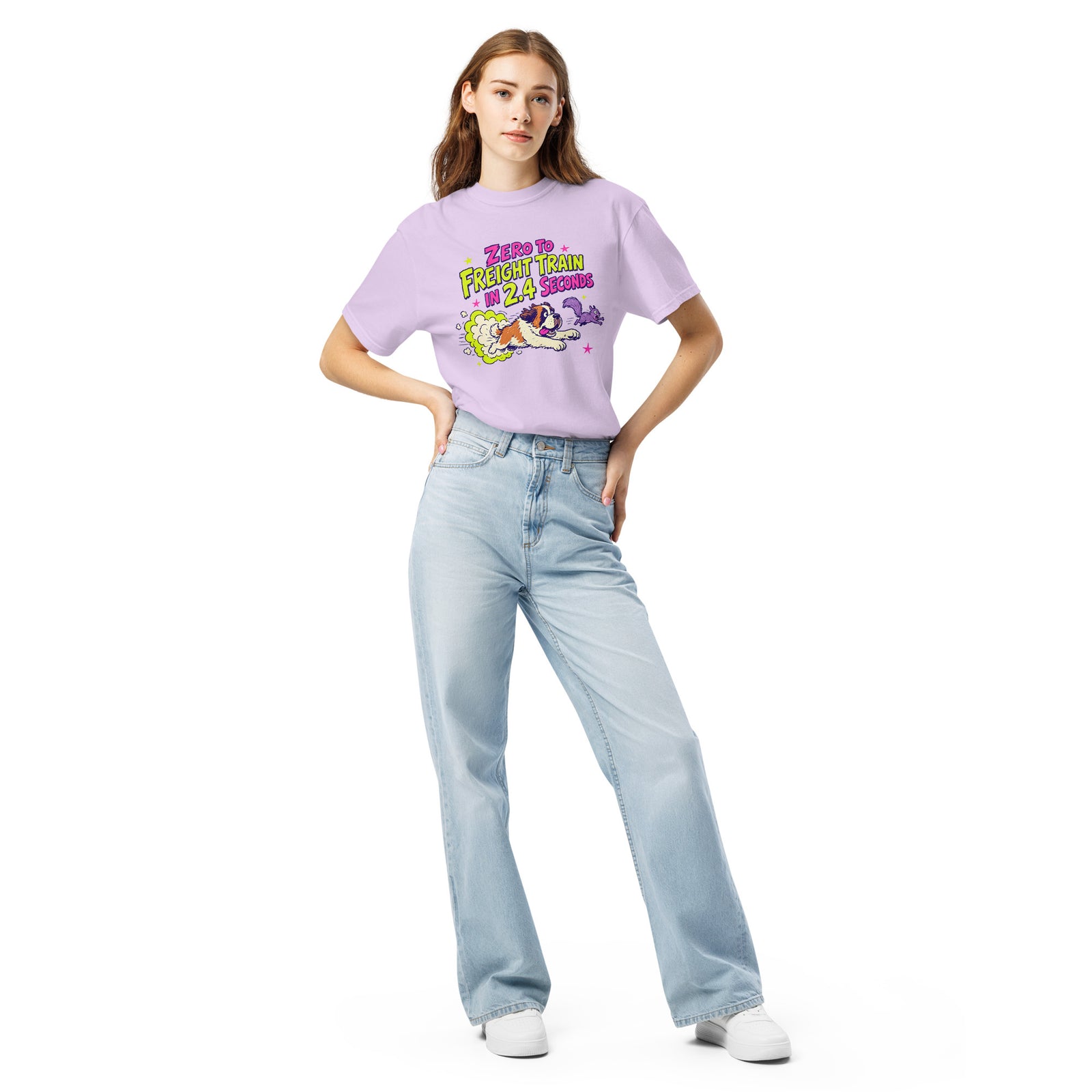Orchid purple Comfort Colors t-shirt with a bright retro cartoon Saint Bernard chasing a squirrel and Zero to Freight Train in 2.4 Seconds lettering.