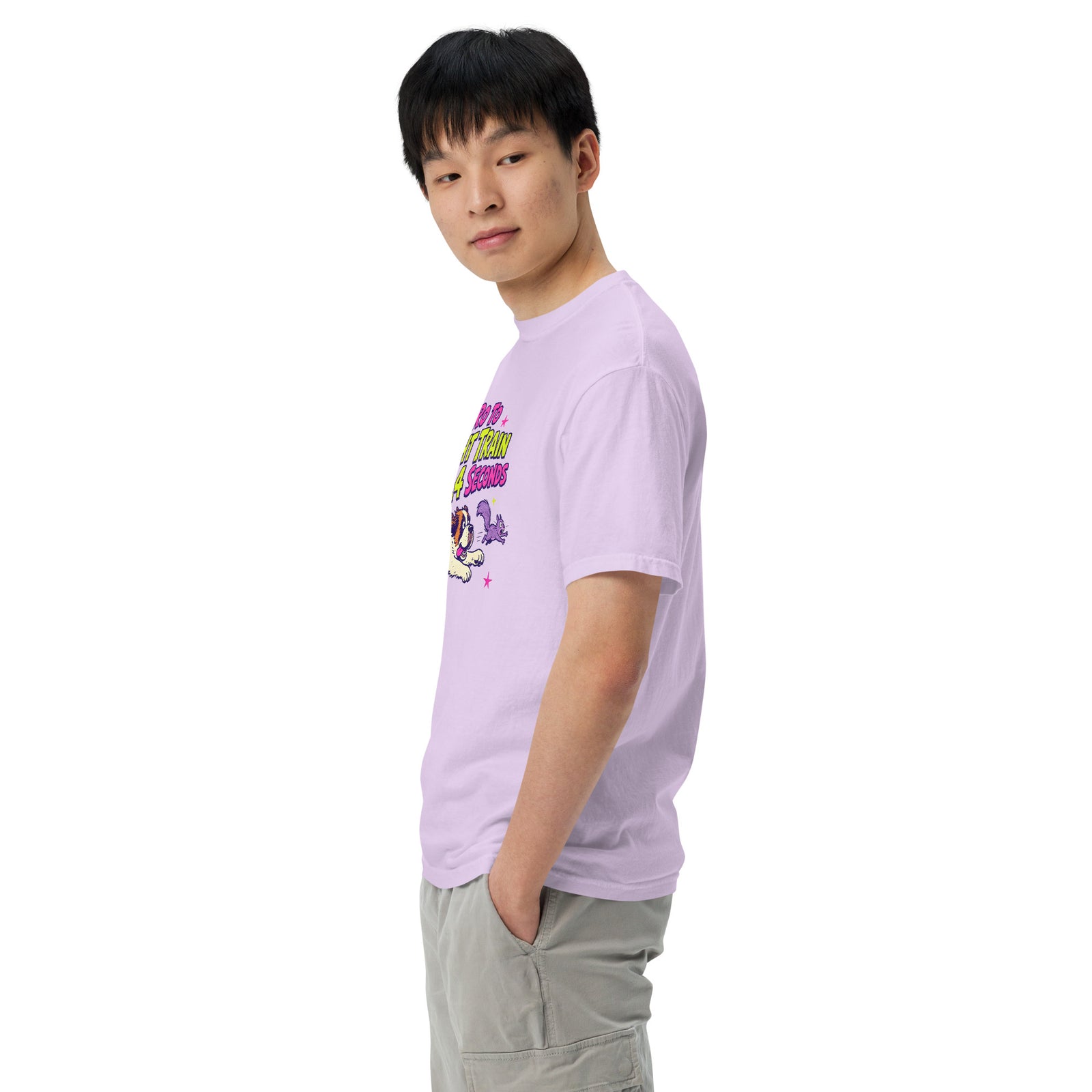Orchid purple Comfort Colors t-shirt with a bright retro cartoon Saint Bernard chasing a squirrel and Zero to Freight Train in 2.4 Seconds lettering.