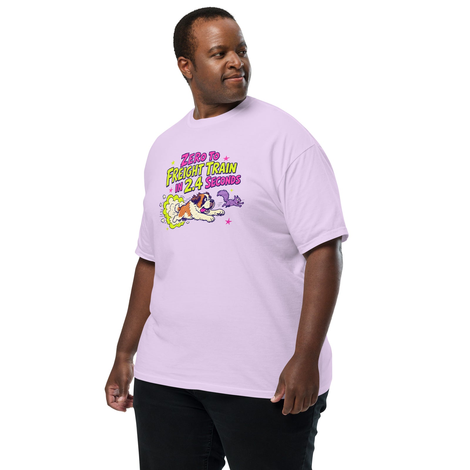 Orchid purple Comfort Colors t-shirt with a bright retro cartoon Saint Bernard chasing a squirrel and Zero to Freight Train in 2.4 Seconds lettering.