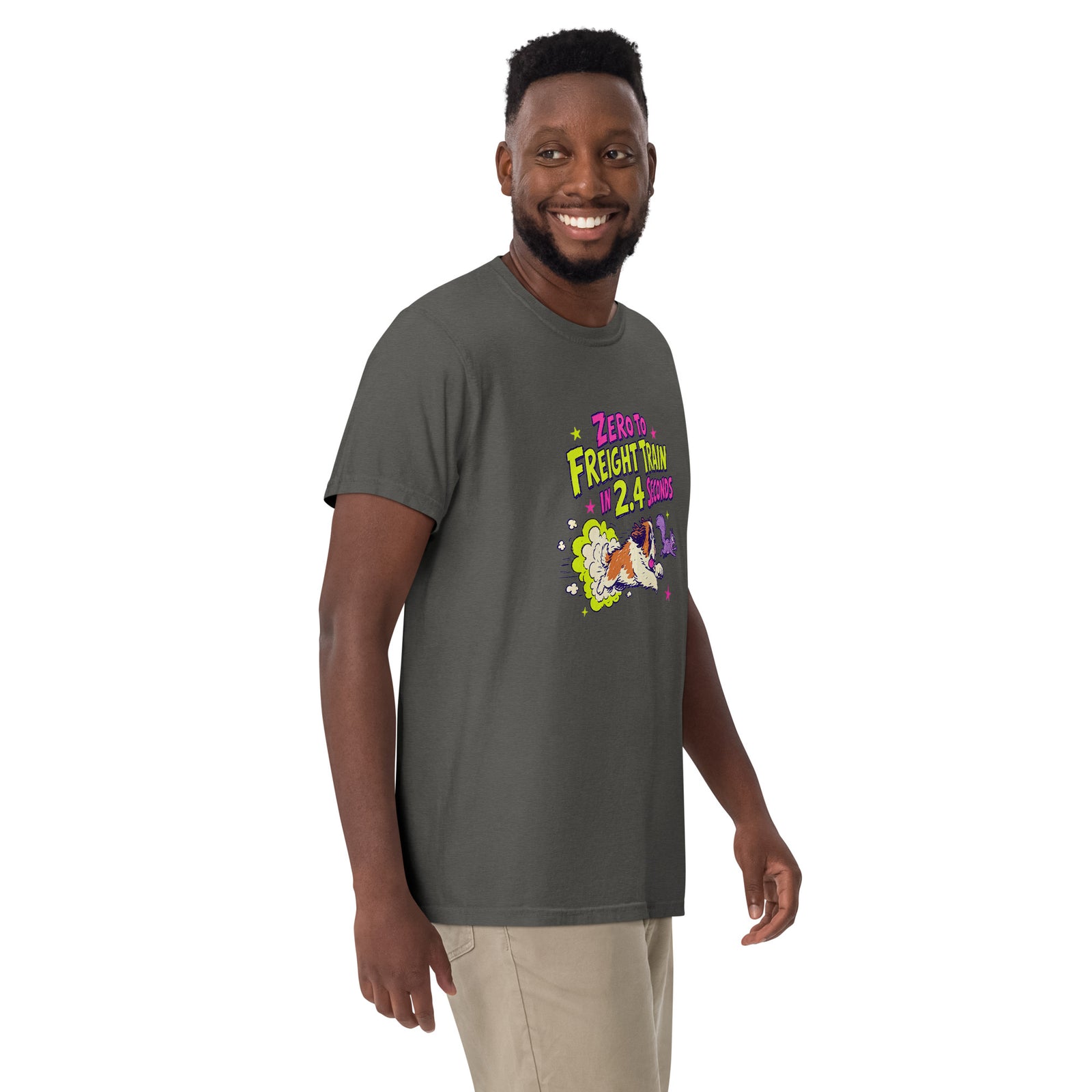 Pepper gray Comfort Colors t-shirt with a bright retro cartoon Saint Bernard chasing a squirrel and Zero to Freight Train in 2.4 Seconds lettering.