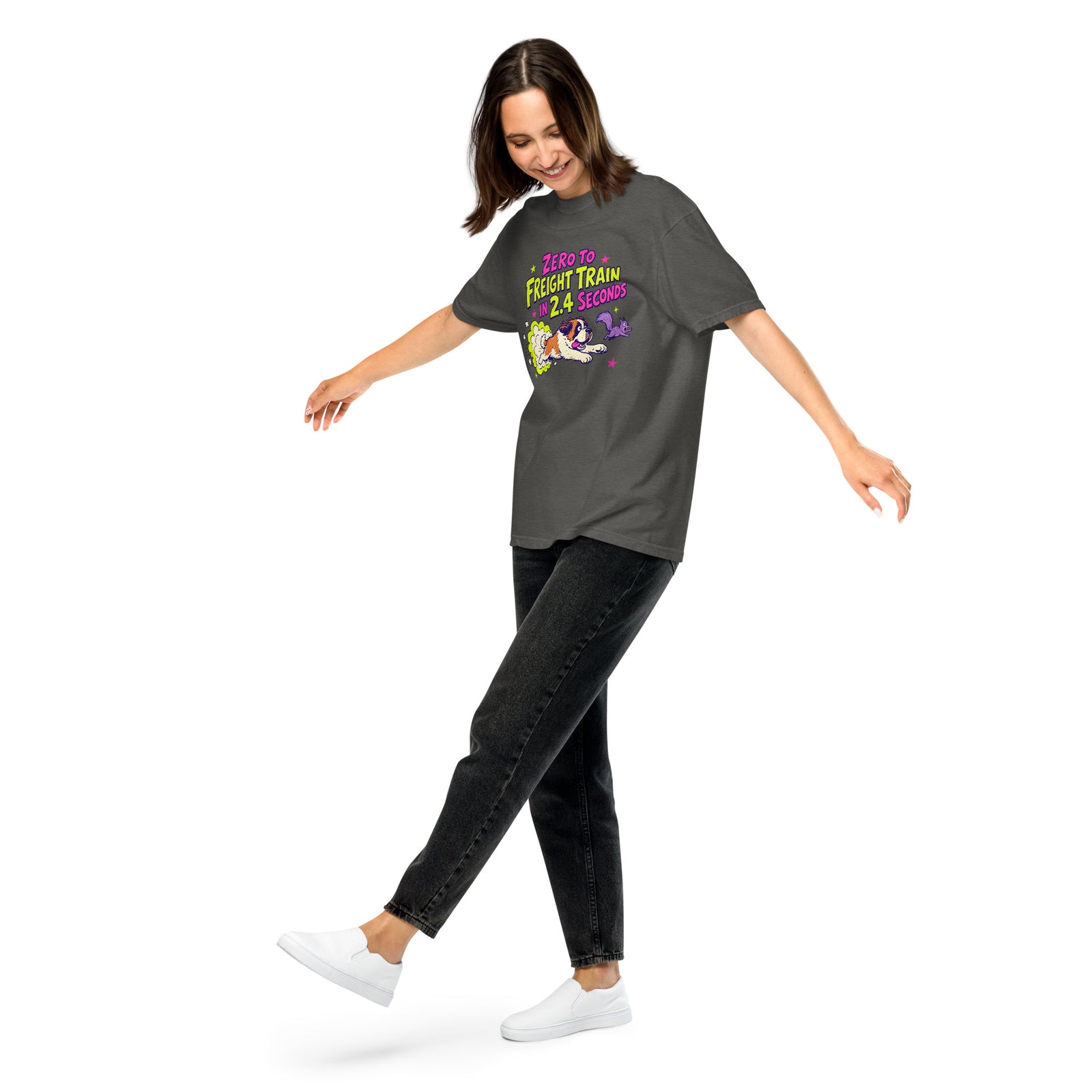 Pepper gray Comfort Colors t-shirt with a bright retro cartoon Saint Bernard chasing a squirrel and Zero to Freight Train in 2.4 Seconds lettering.