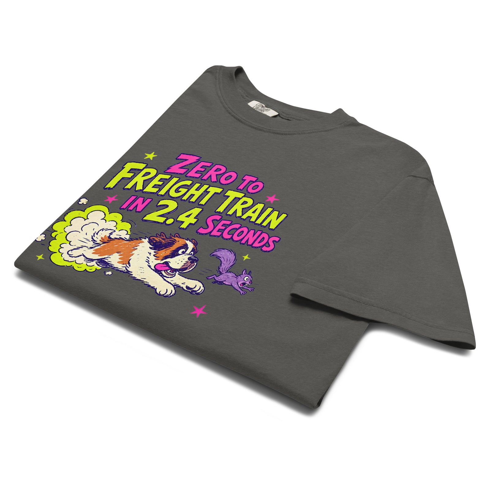 Pepper gray Comfort Colors t-shirt with a bright retro cartoon Saint Bernard chasing a squirrel and Zero to Freight Train in 2.4 Seconds lettering.