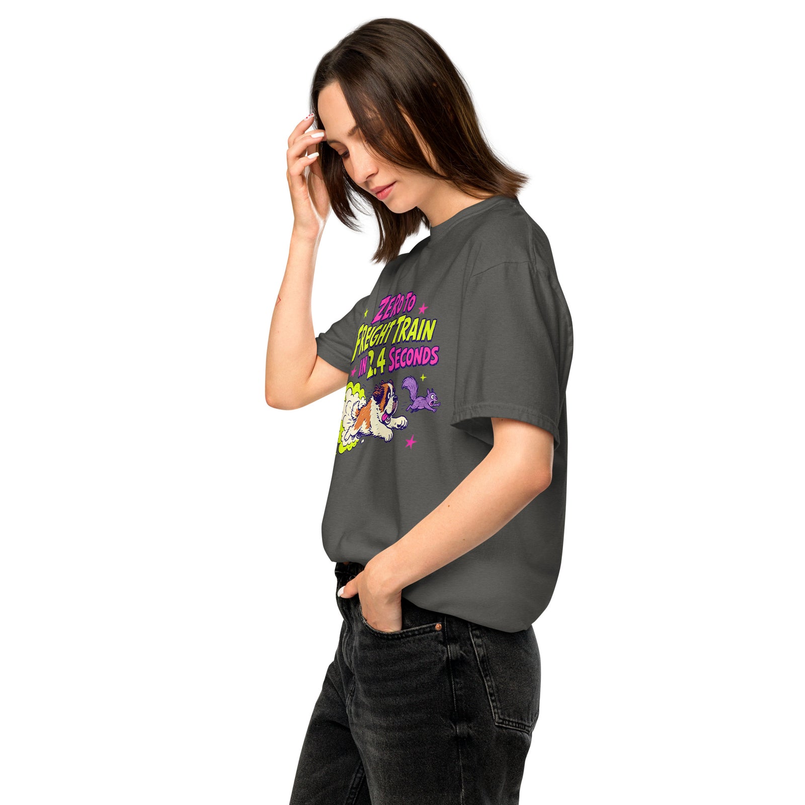 Pepper gray Comfort Colors t-shirt with a bright retro cartoon Saint Bernard chasing a squirrel and Zero to Freight Train in 2.4 Seconds lettering.