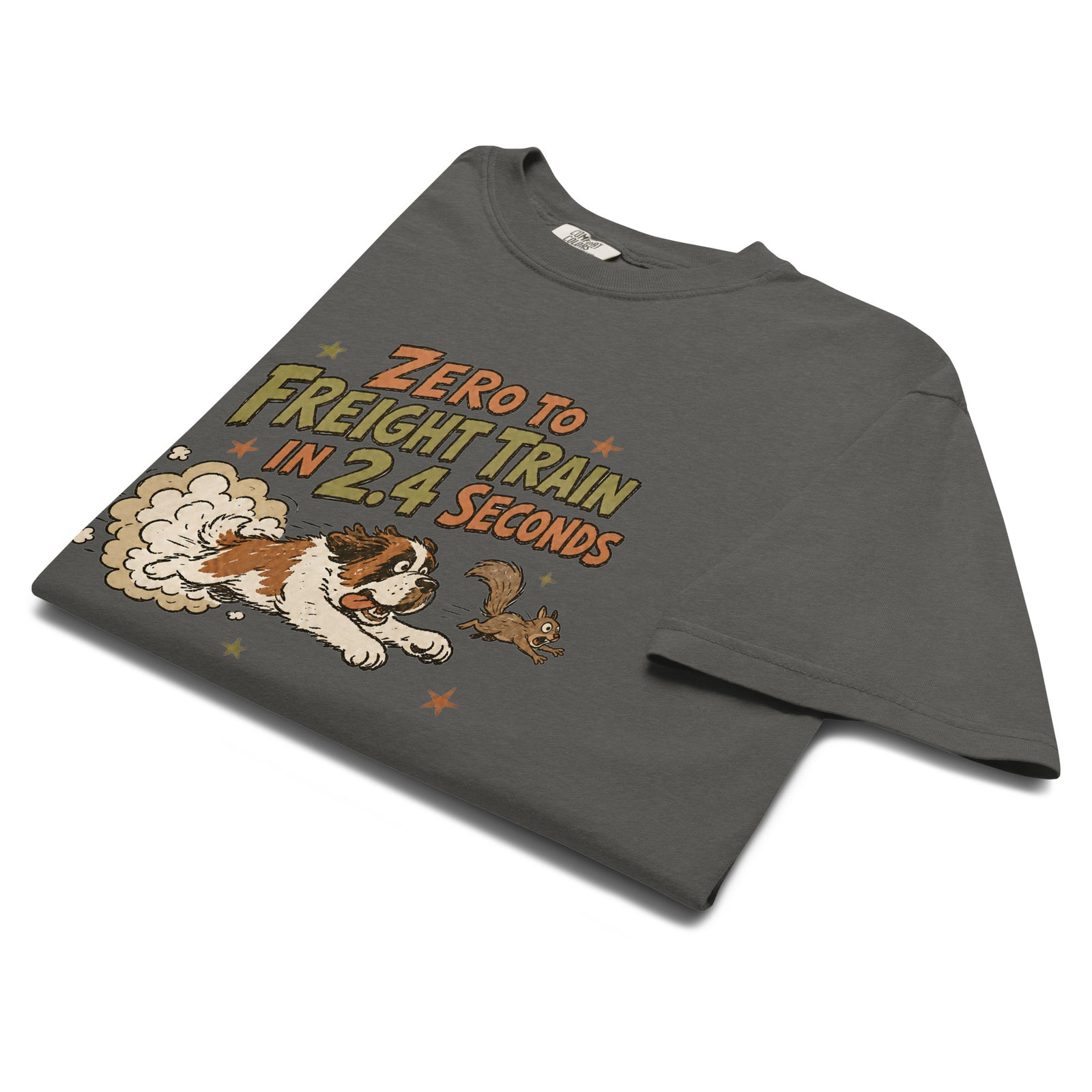 Pepper Comfort Colors t-shirt with a retro earth tone cartoon of a funny Saint Bernard chasing a squirrel and Zero to Freight Train in 2.4 Seconds lettering.