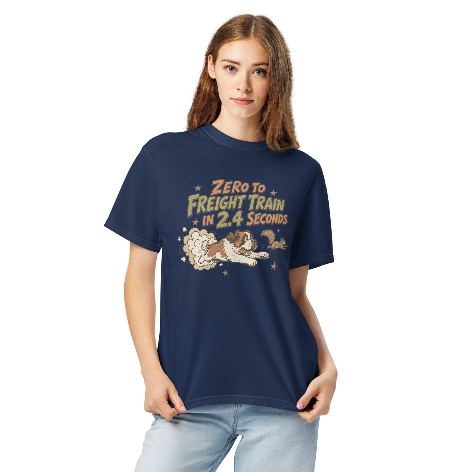 True navy blue Comfort Colors t-shirt with a retro earth tone cartoon of a funny Saint Bernard chasing a squirrel and Zero to Freight Train in 2.4 Seconds lettering.