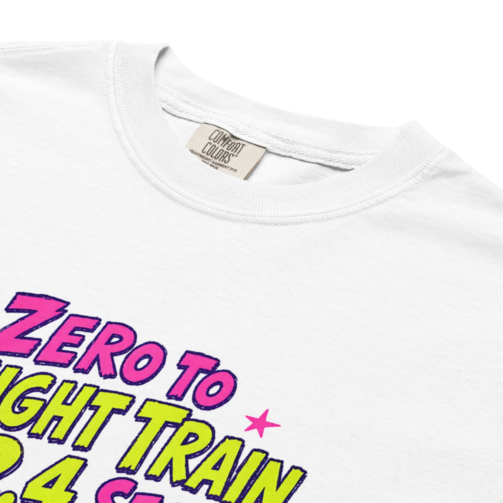 White Comfort Colors t-shirt with a bright retro cartoon Saint Bernard chasing a squirrel and Zero to Freight Train in 2.4 Seconds lettering.