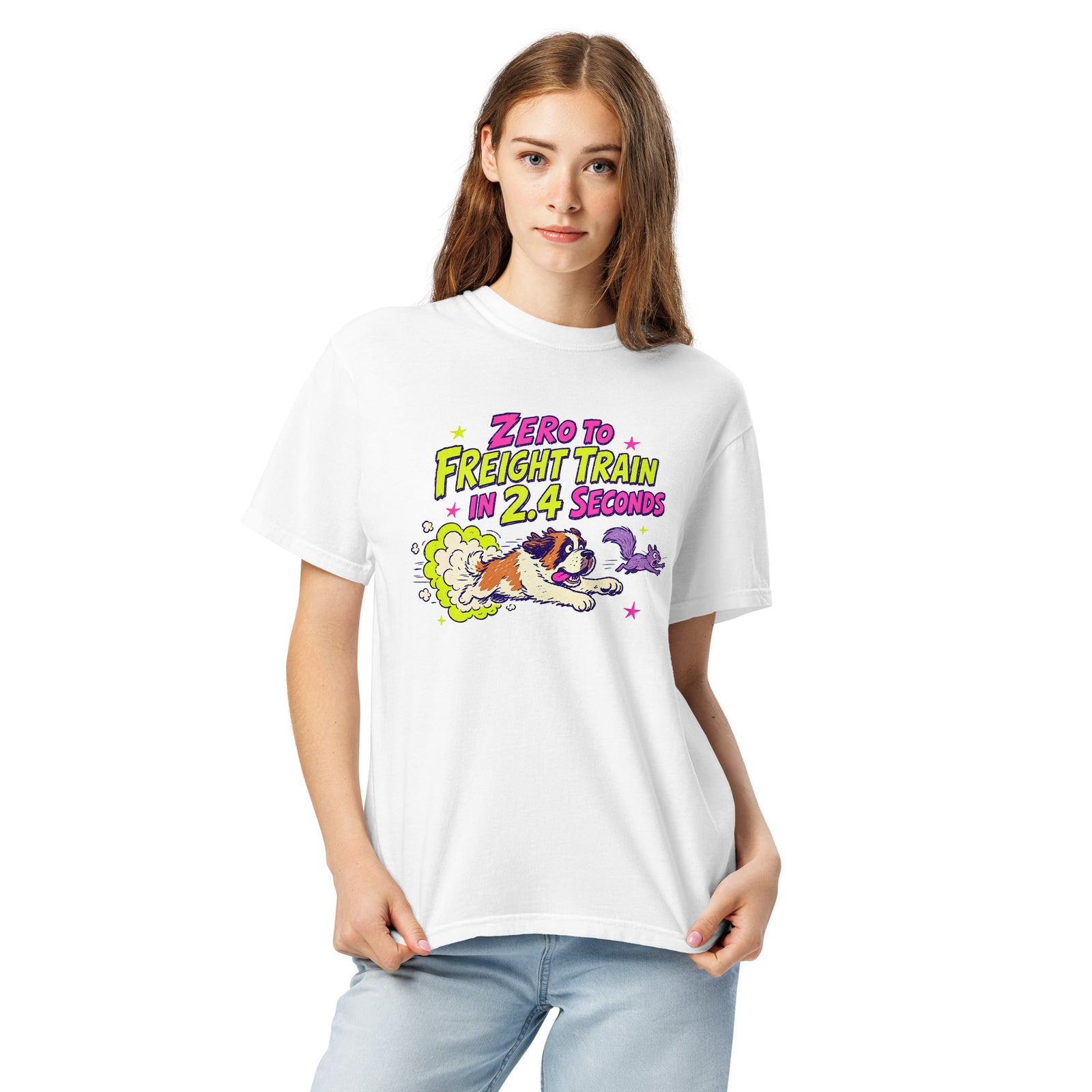 White Comfort Colors t-shirt with a bright retro cartoon Saint Bernard chasing a squirrel and Zero to Freight Train in 2.4 Seconds lettering.