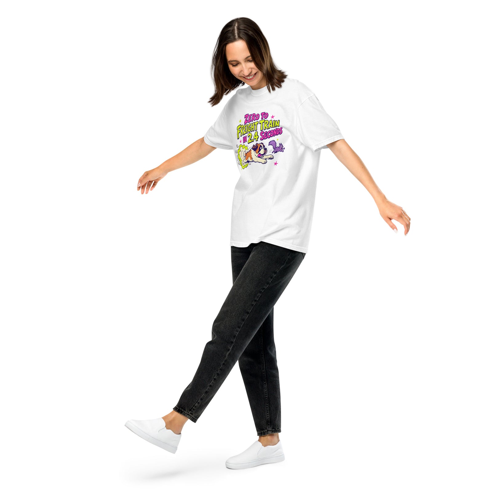 White Comfort Colors t-shirt with a bright retro cartoon Saint Bernard chasing a squirrel and Zero to Freight Train in 2.4 Seconds lettering.