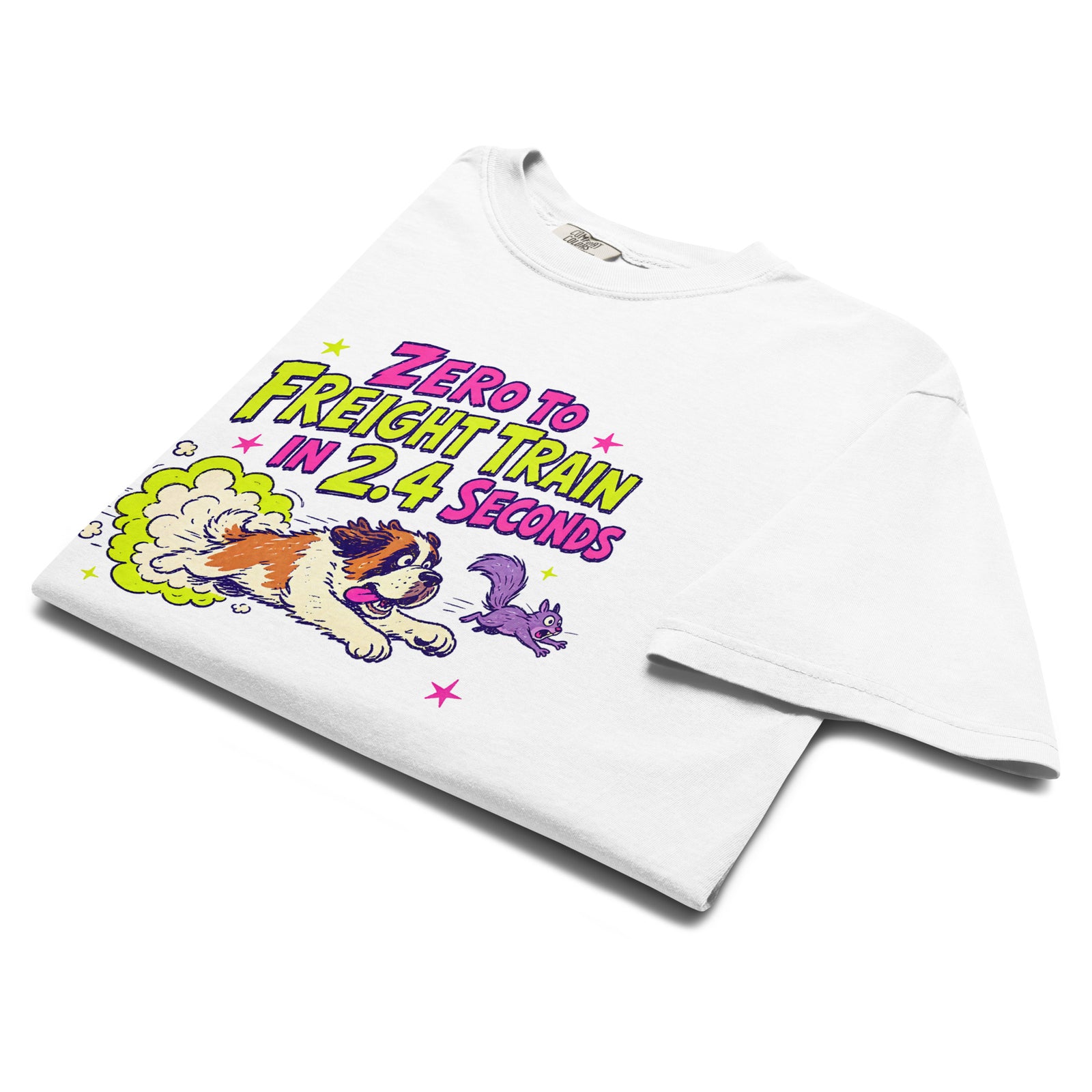White Comfort Colors t-shirt with a bright retro cartoon Saint Bernard chasing a squirrel and Zero to Freight Train in 2.4 Seconds lettering.