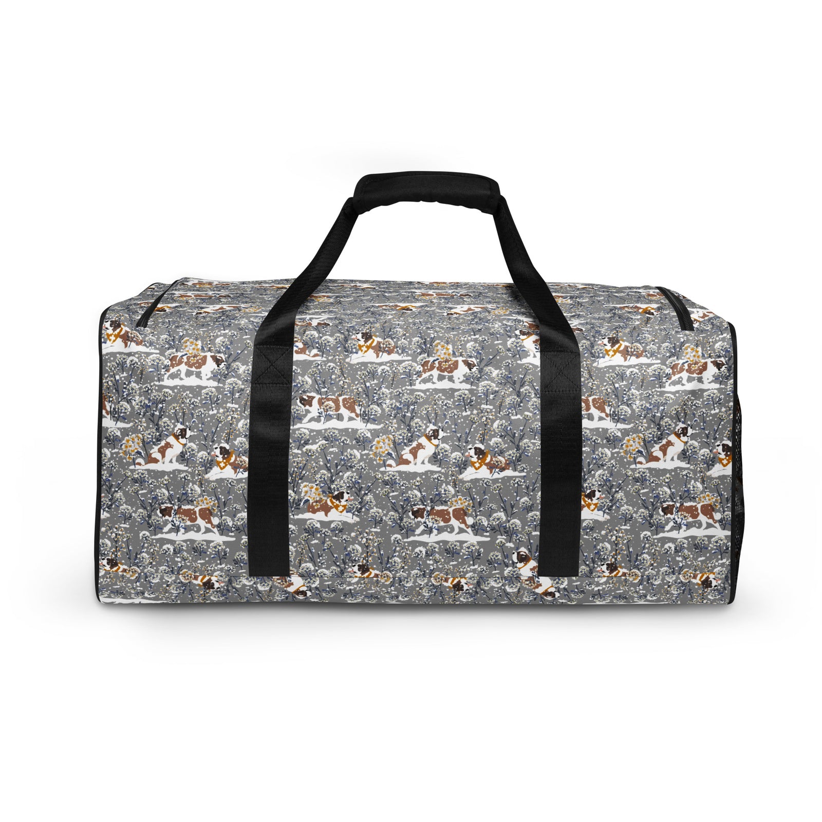 Snowflowers Saint Bernard floral duffle bag in soft gray, blue, white, and winter floral tones with padded black shoulder strap, handles, zip compartment, and mesh side pocket.