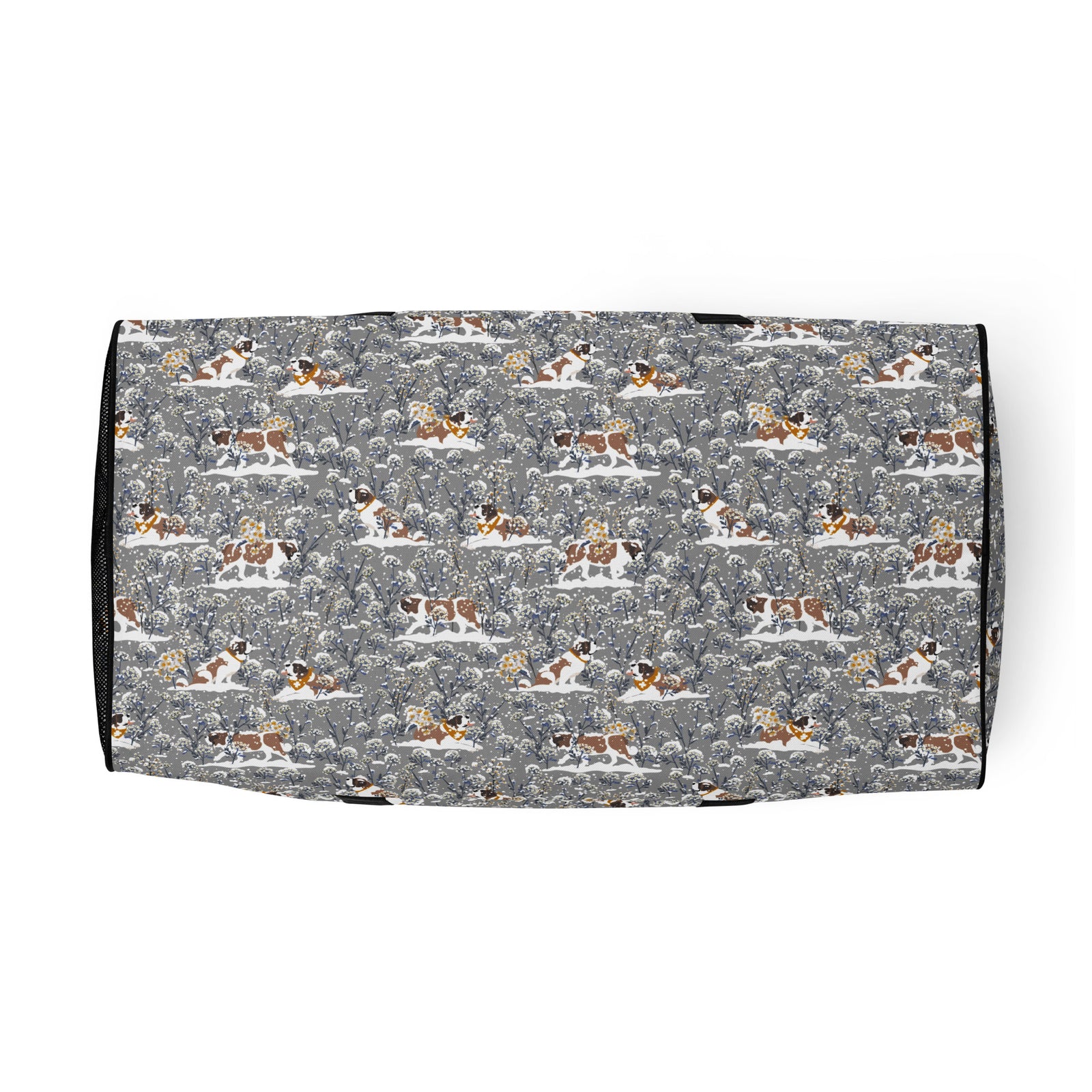 Snowflowers Saint Bernard floral duffle bag in soft gray, blue, white, and winter floral tones with padded black shoulder strap, handles, zip compartment, and mesh side pocket.