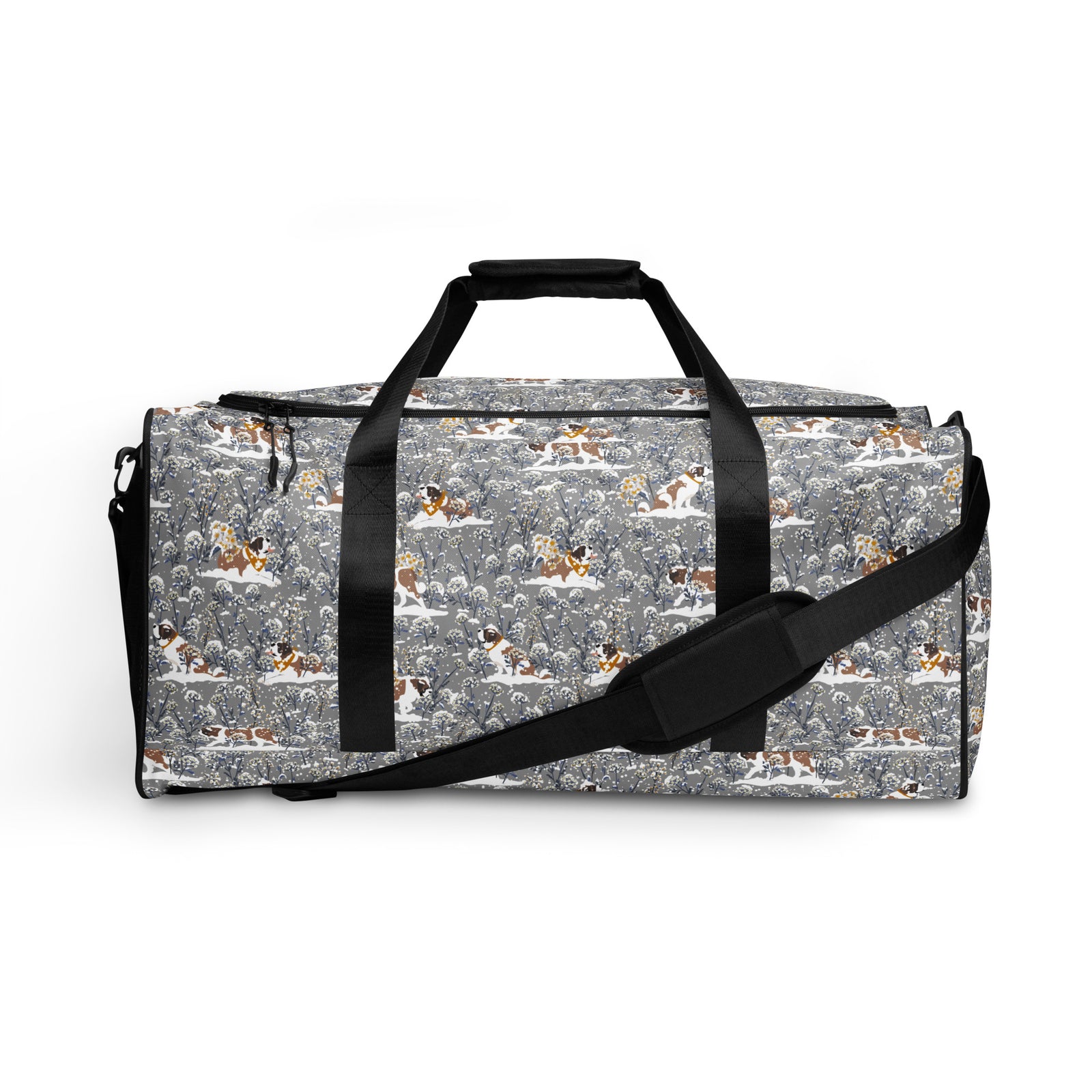 Snowflowers Saint Bernard floral duffle bag in soft gray, blue, white, and winter floral tones with padded black shoulder strap, handles, zip compartment, and mesh side pocket.