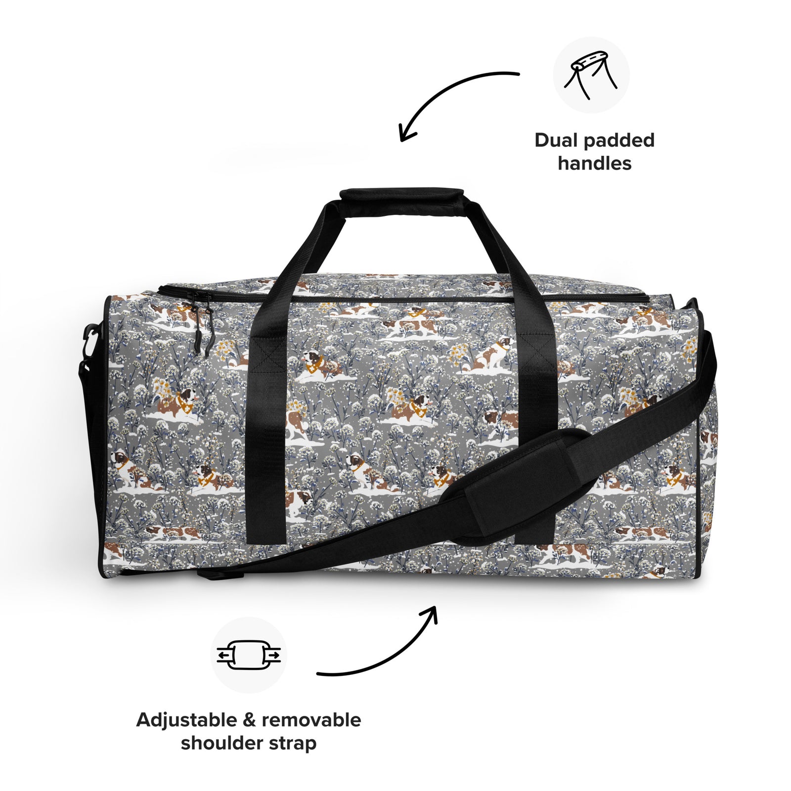 Snowflowers Saint Bernard floral duffle bag in soft gray, blue, white, and winter floral tones with padded black shoulder strap, handles, zip compartment, and mesh side pocket.