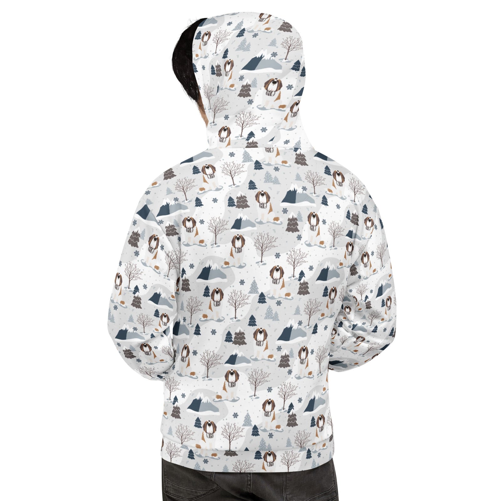 Unisex hoodie with Saint Bernard mountain pattern featuring Norman with snowy peaks, pines and trees on a white background — cozy fleece-lined dog lover hoodie by Lucy + and Norman.