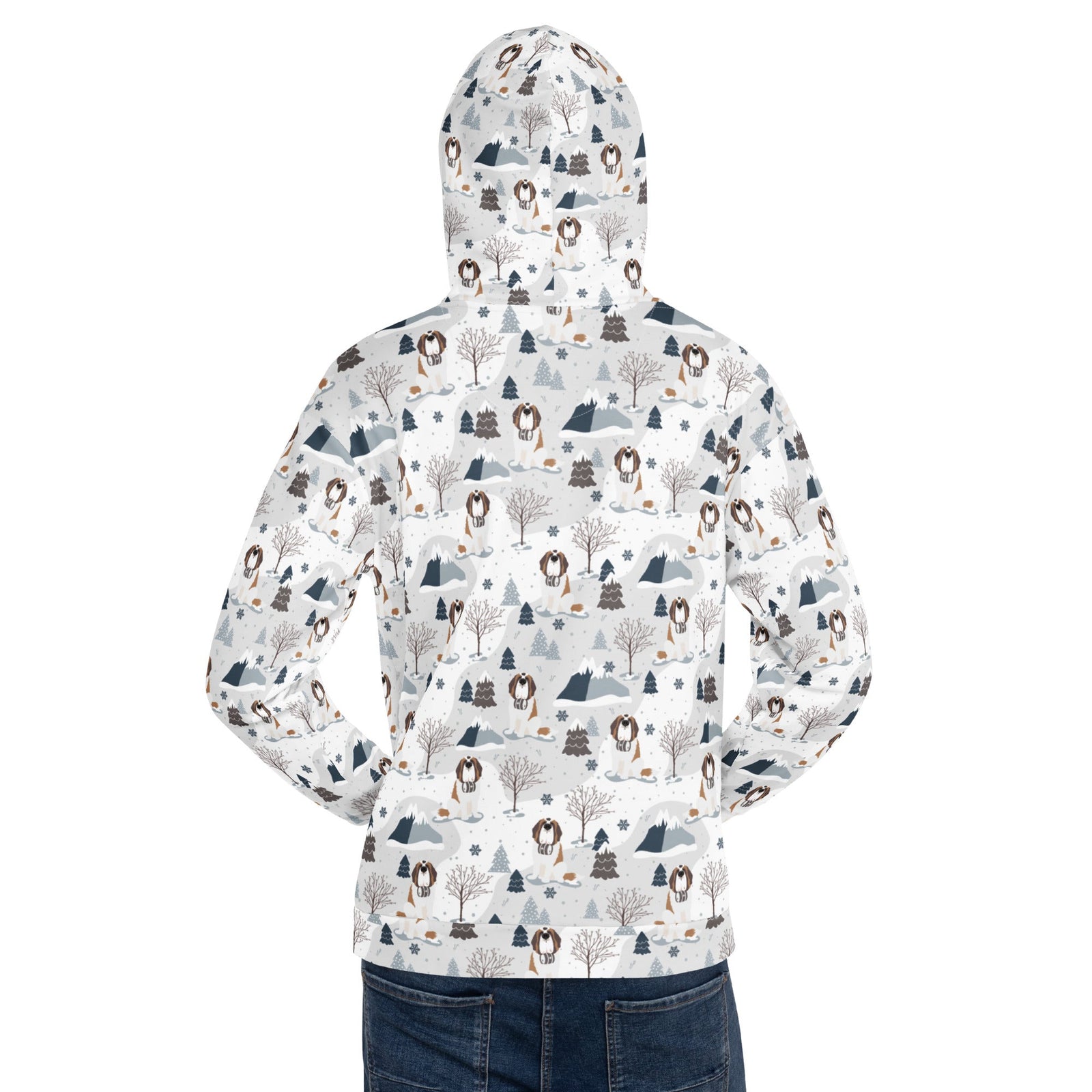 Unisex hoodie with Saint Bernard mountain pattern featuring Norman with snowy peaks, pines and trees on a white background — cozy fleece-lined dog lover hoodie by Lucy + and Norman.