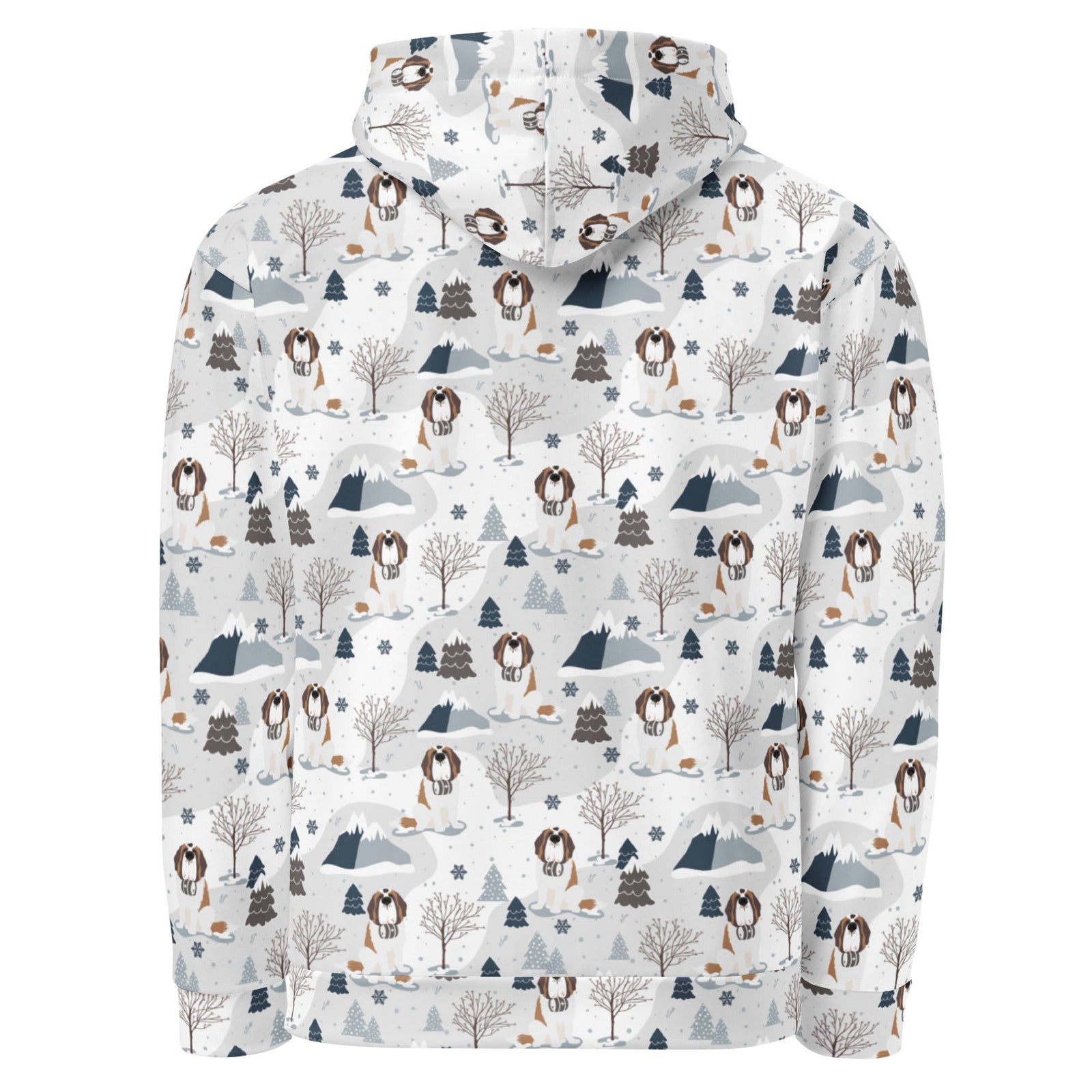 Unisex hoodie with Saint Bernard mountain pattern featuring Norman with snowy peaks, pines and trees on a white background — cozy fleece-lined dog lover hoodie by Lucy + and Norman.