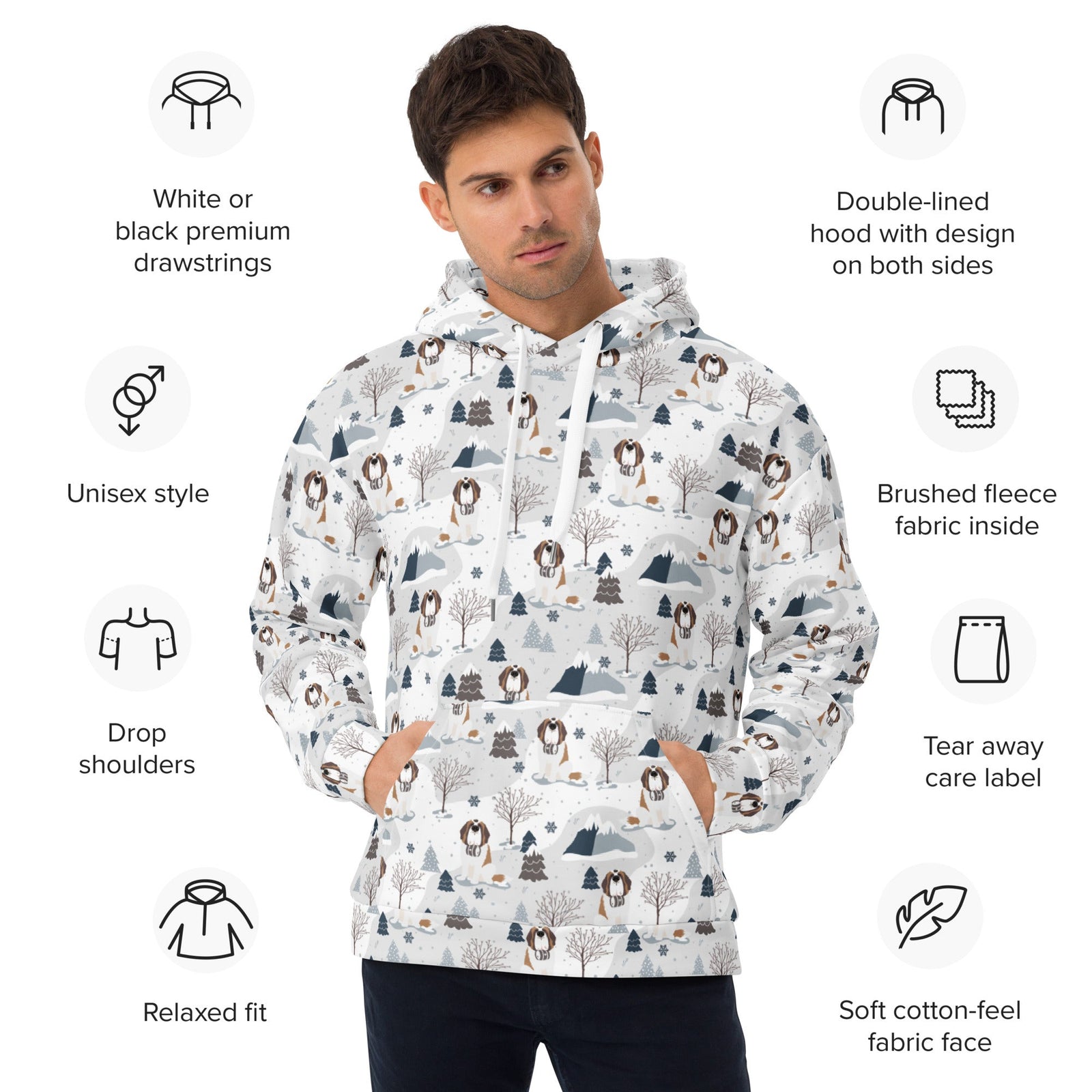 Unisex hoodie with Saint Bernard mountain pattern featuring Norman with snowy peaks, pines and trees on a white background — cozy fleece-lined dog lover hoodie by Lucy + and Norman.