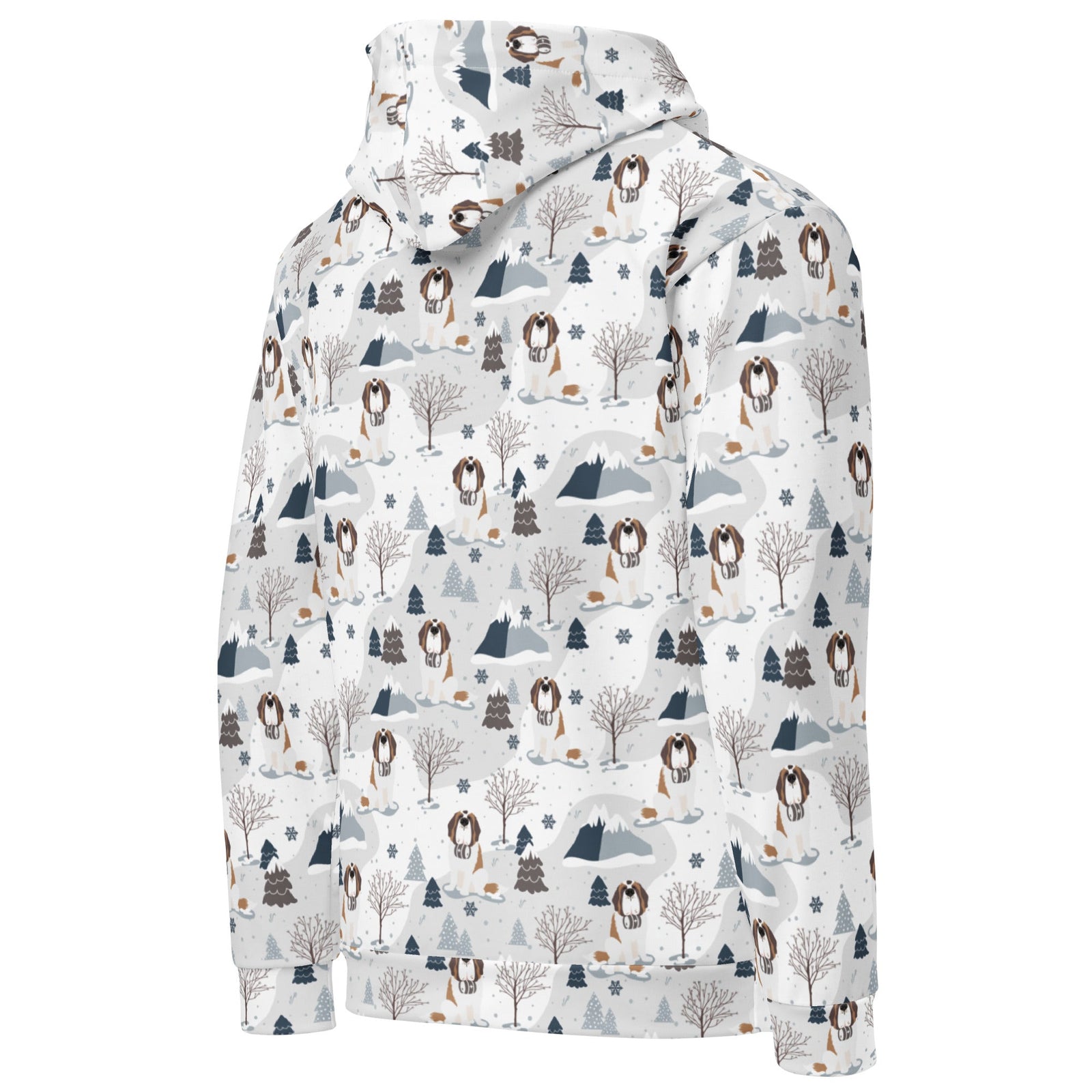 Unisex hoodie with Saint Bernard mountain pattern featuring Norman with snowy peaks, pines and trees on a white background — cozy fleece-lined dog lover hoodie by Lucy + and Norman.