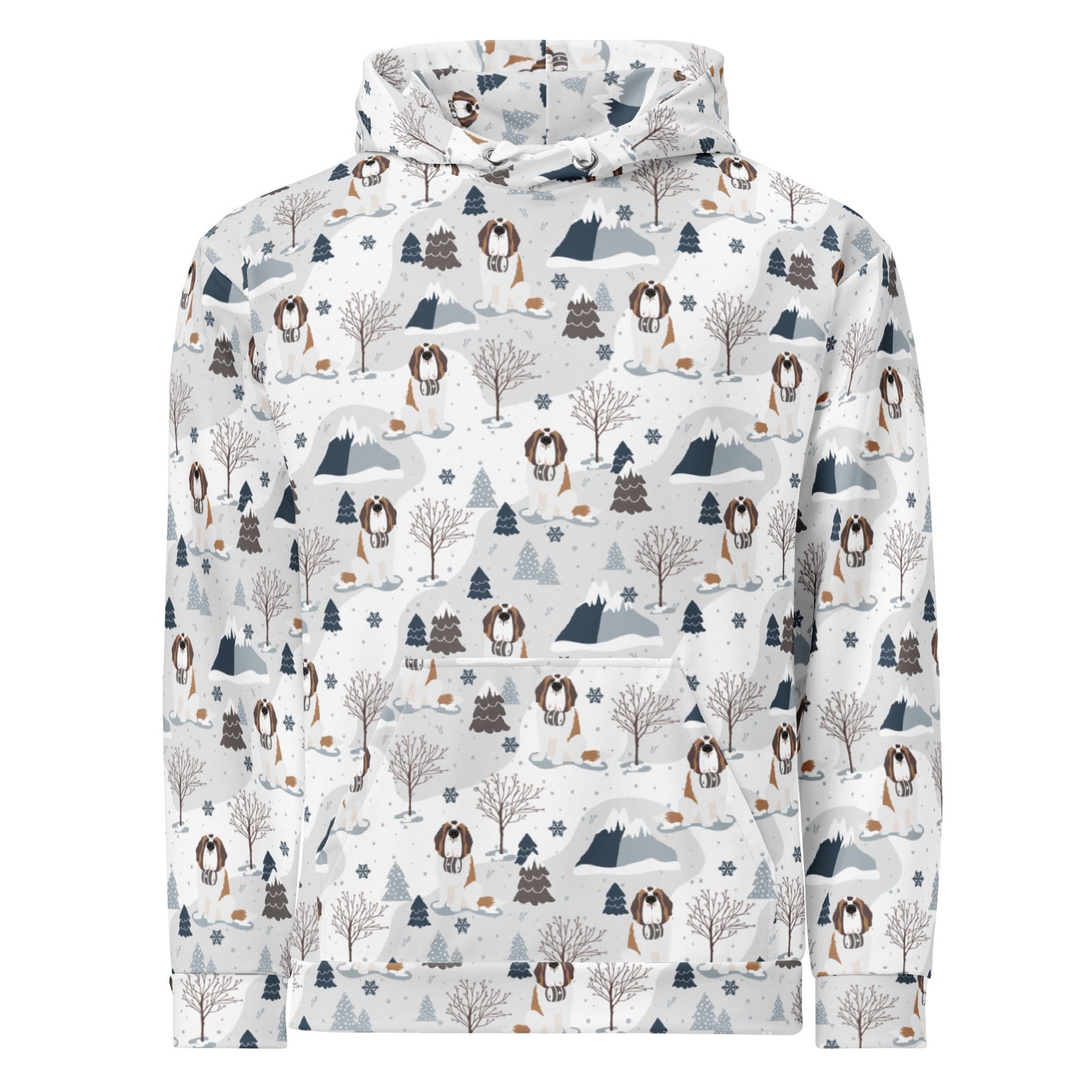 Unisex hoodie with Saint Bernard mountain pattern featuring Norman with snowy peaks, pines and trees on a white background — cozy fleece-lined dog lover hoodie by Lucy + and Norman.