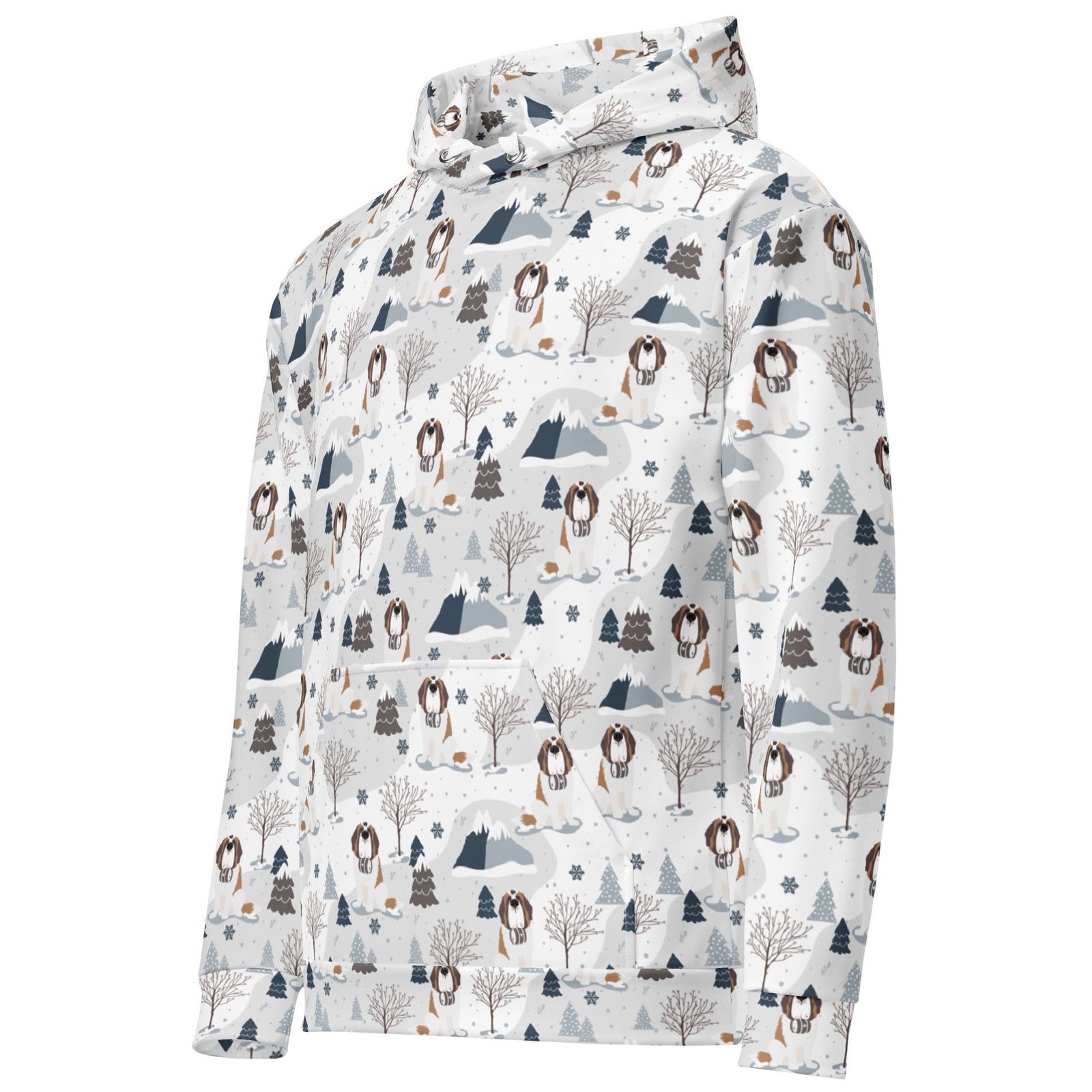 Unisex hoodie with Saint Bernard mountain pattern featuring Norman with snowy peaks, pines and trees on a white background — cozy fleece-lined dog lover hoodie by Lucy + and Norman.