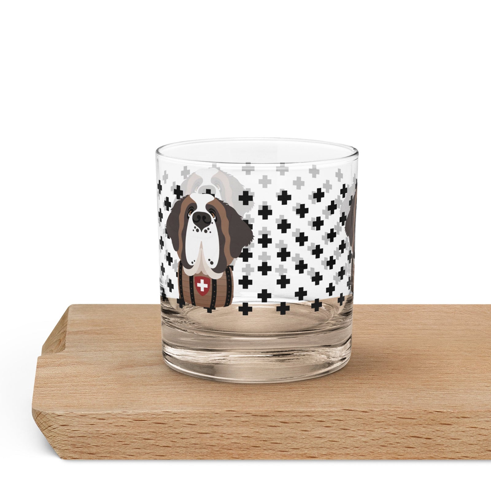 10.5 once rock glass drinkware with a modern pattern of Swiss inspired black crosses and a cute large Saint Bernard dog head with a barrel by Lucy and Norman