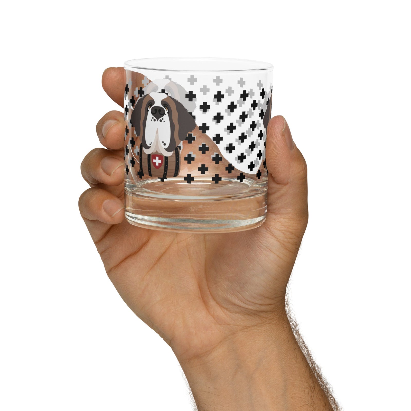 10.5 once rock glass drinkware with a modern pattern of Swiss inspired black crosses and a cute large Saint Bernard dog head with a barrel by Lucy and Norman