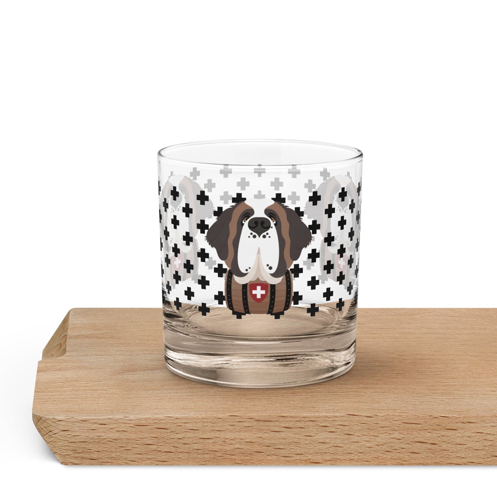 10.5 once rock glass drinkware with a modern pattern of Swiss inspired black crosses and a cute large Saint Bernard dog head with a barrel by Lucy and Norman