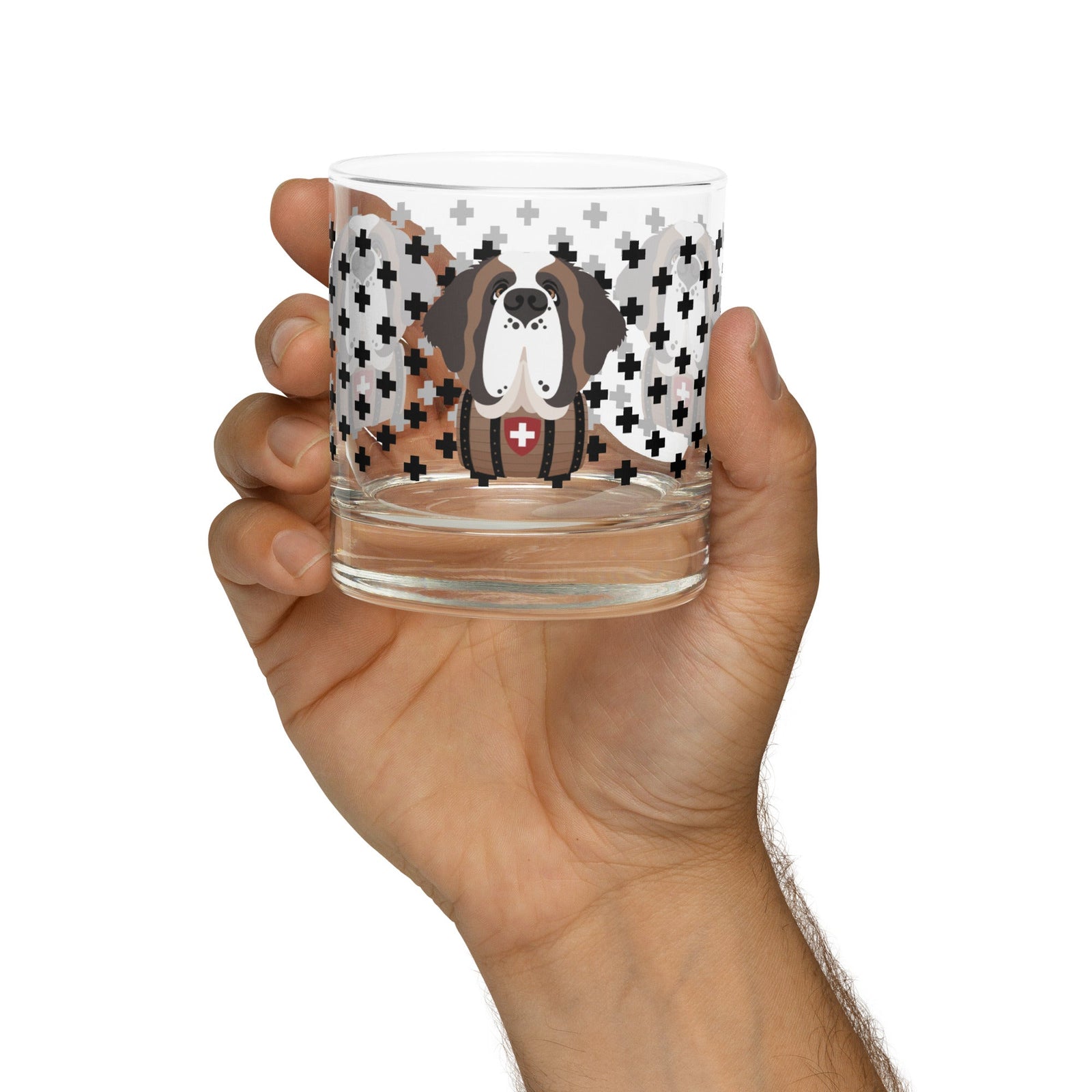 10.5 once rock glass drinkware with a modern pattern of Swiss inspired black crosses and a cute large Saint Bernard dog head with a barrel by Lucy and Norman