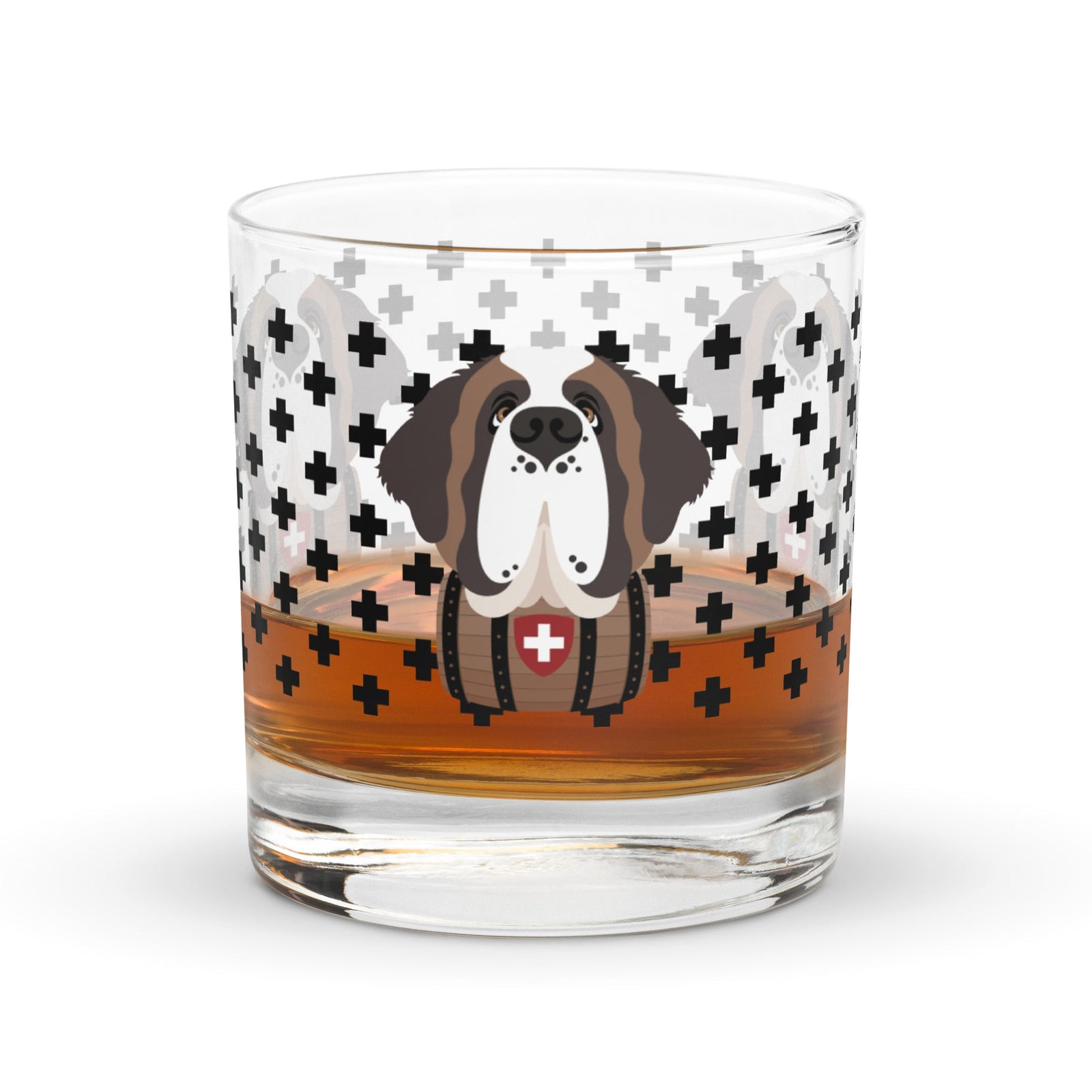 10.5 once rock glass drinkware with a modern pattern of Swiss inspired black crosses and a cute large Saint Bernard dog head with a barrel by Lucy and Norman