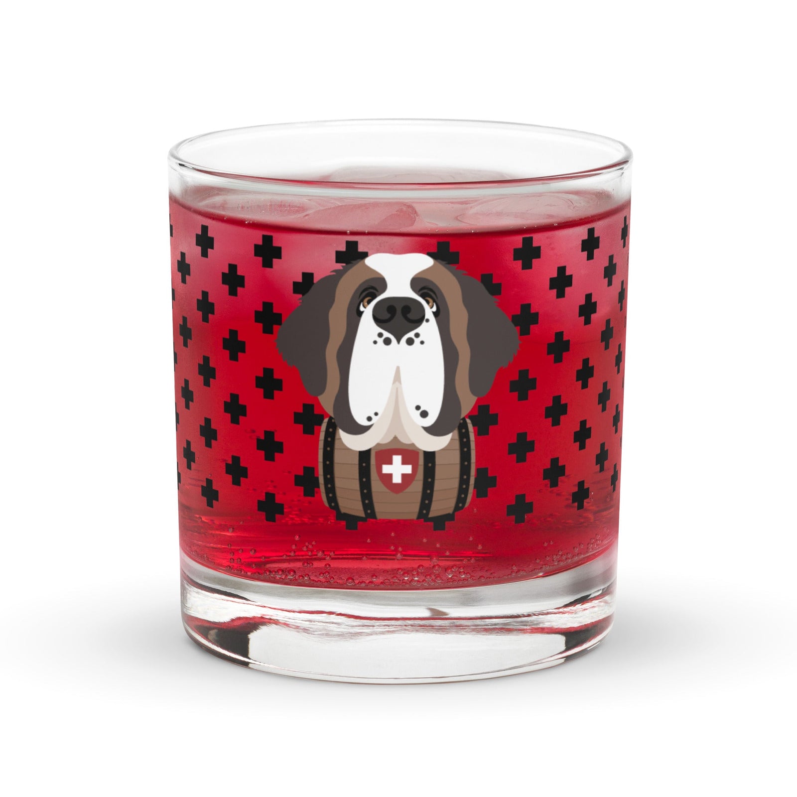 10.5 once rock glass drinkware with a modern pattern of Swiss inspired black crosses and a cute large Saint Bernard dog head with a barrel by Lucy and Norman