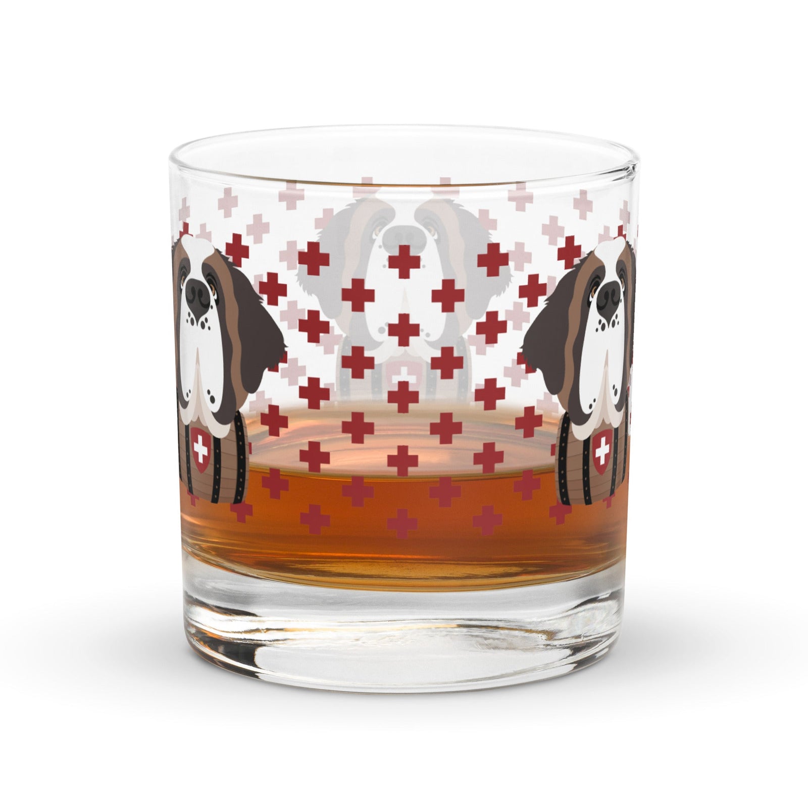 10.5 once rock glass drinkware with a modern pattern of Swiss inspired red crosses and a cute large Saint Bernard dog head with a barrel by Lucy and Norman