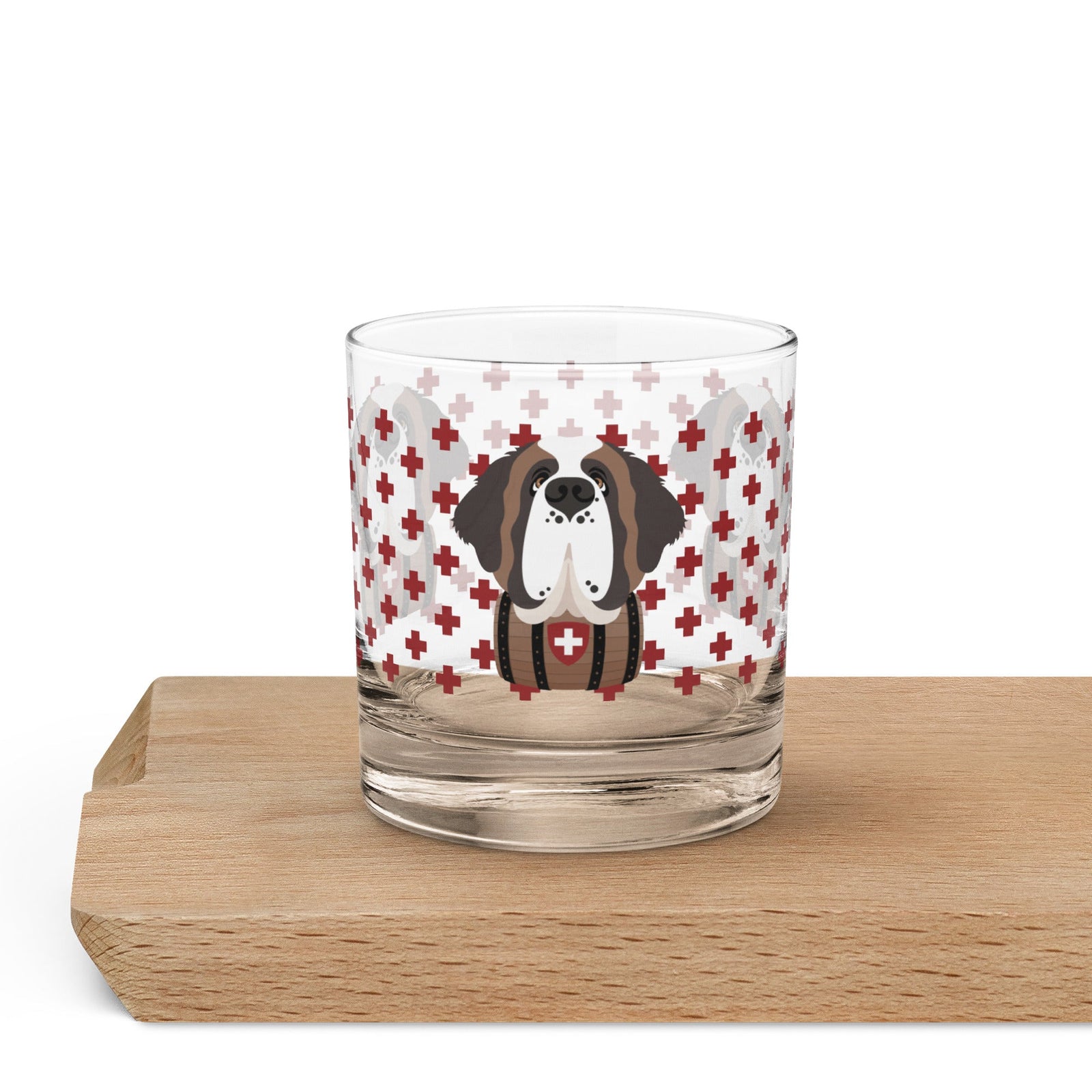 10.5 once rock glass drinkware with a modern pattern of Swiss inspired red crosses and a cute large Saint Bernard dog head with a barrel by Lucy and Norman
