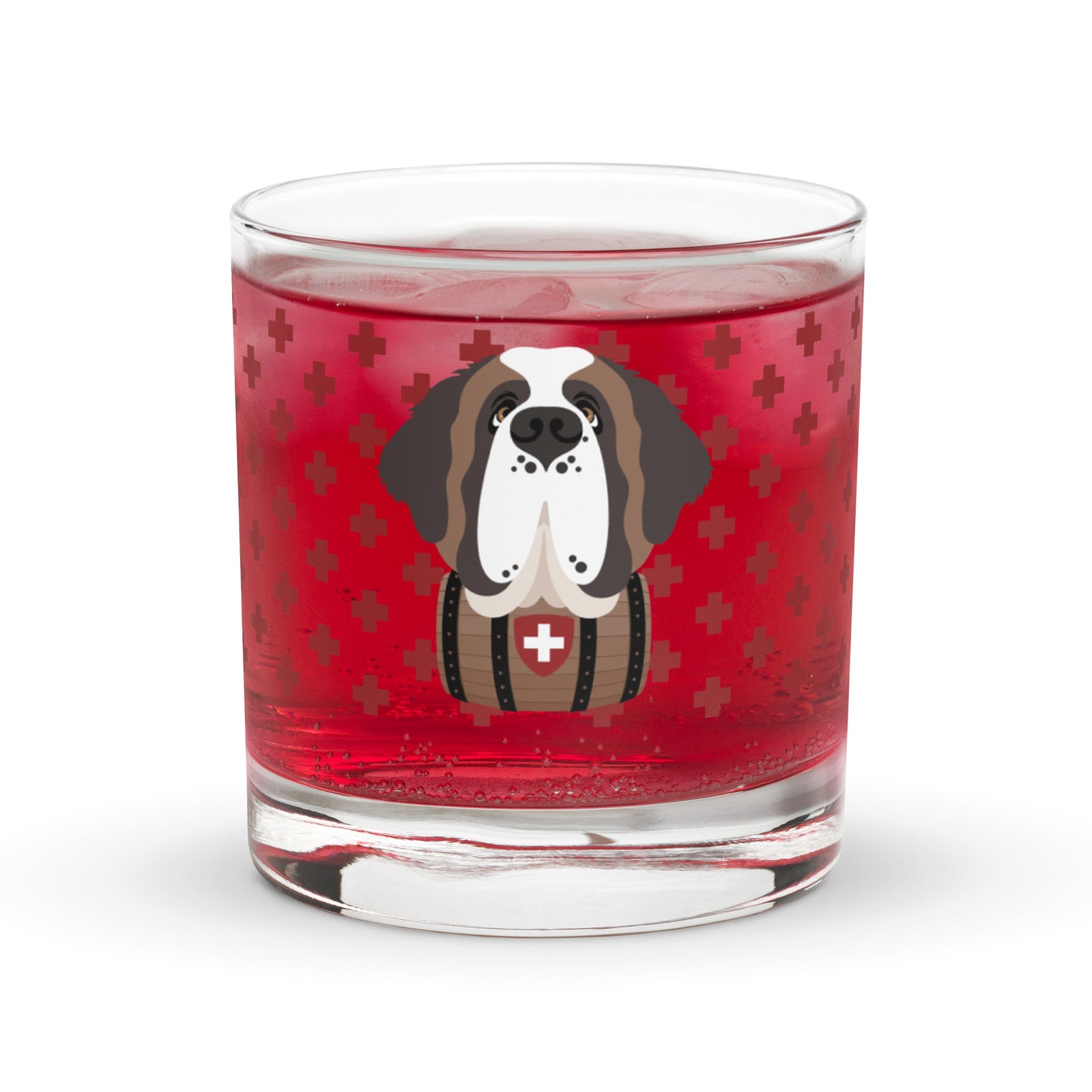 10.5 once rock glass drinkware with a modern pattern of Swiss inspired red crosses and a cute large Saint Bernard dog head with a barrel by Lucy and Norman