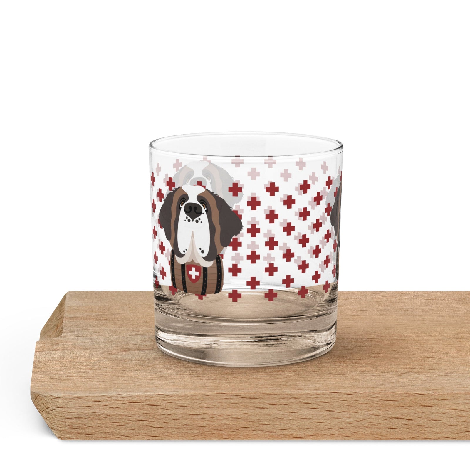 10.5 once rock glass drinkware with a modern pattern of Swiss inspired red crosses and a cute large Saint Bernard dog head with a barrel by Lucy and Norman