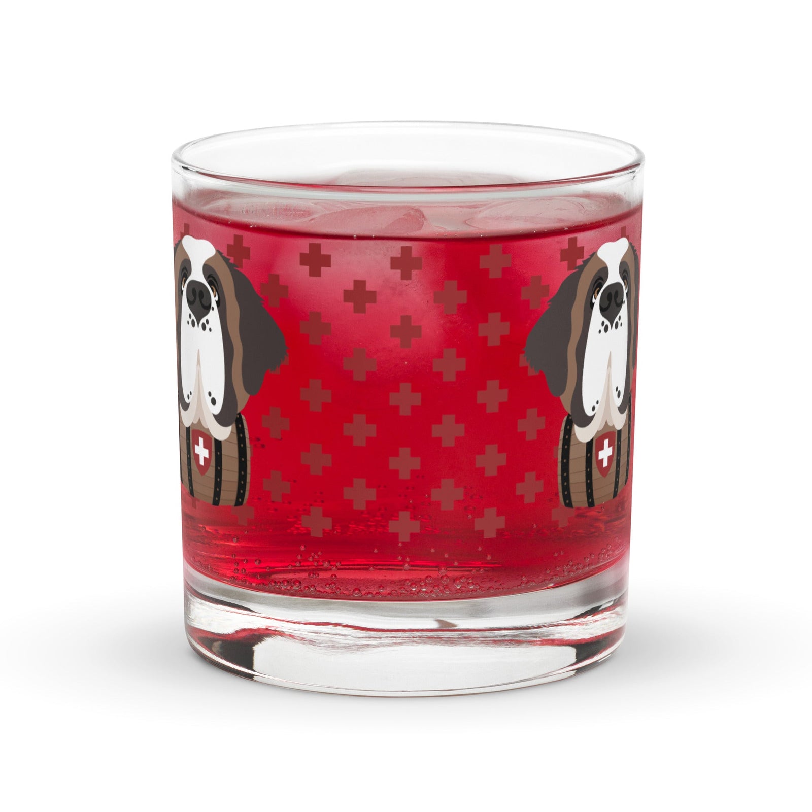 10.5 once rock glass drinkware with a modern pattern of Swiss inspired red crosses and a cute large Saint Bernard dog head with a barrel by Lucy and Norman
