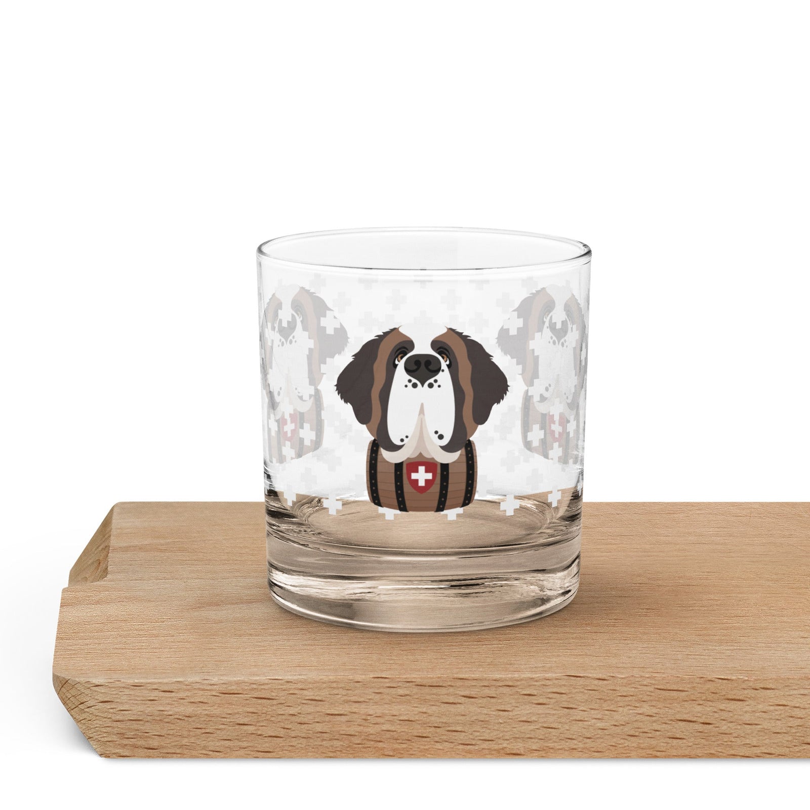 10.5 once rock glass drinkware with a modern pattern of Swiss inspired white crosses and a cute large Saint Bernard dog head with a barrel by Lucy and Norman