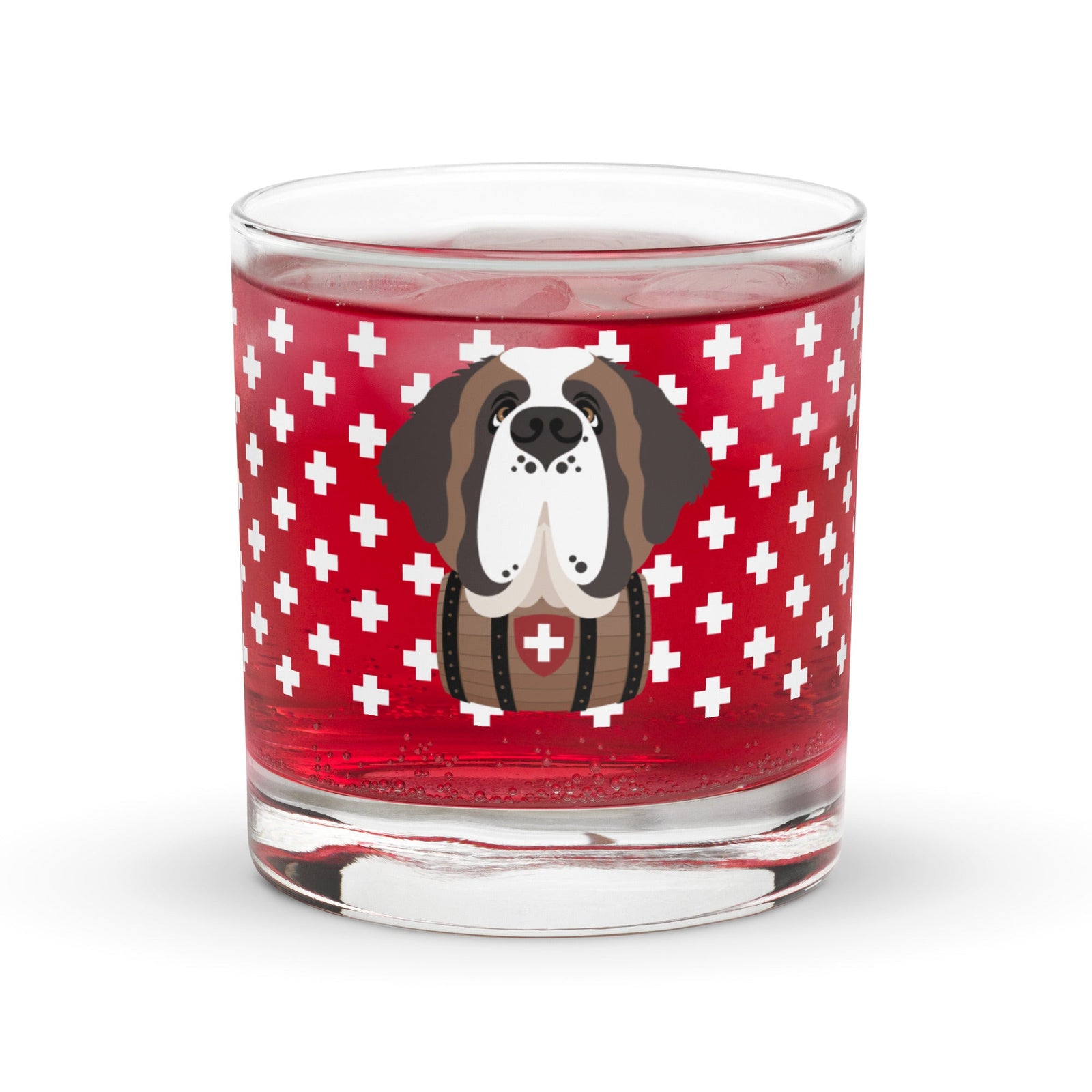 10.5 once rock glass drinkware with a modern pattern of Swiss inspired white crosses and a cute large Saint Bernard dog head with a barrel by Lucy and Norman