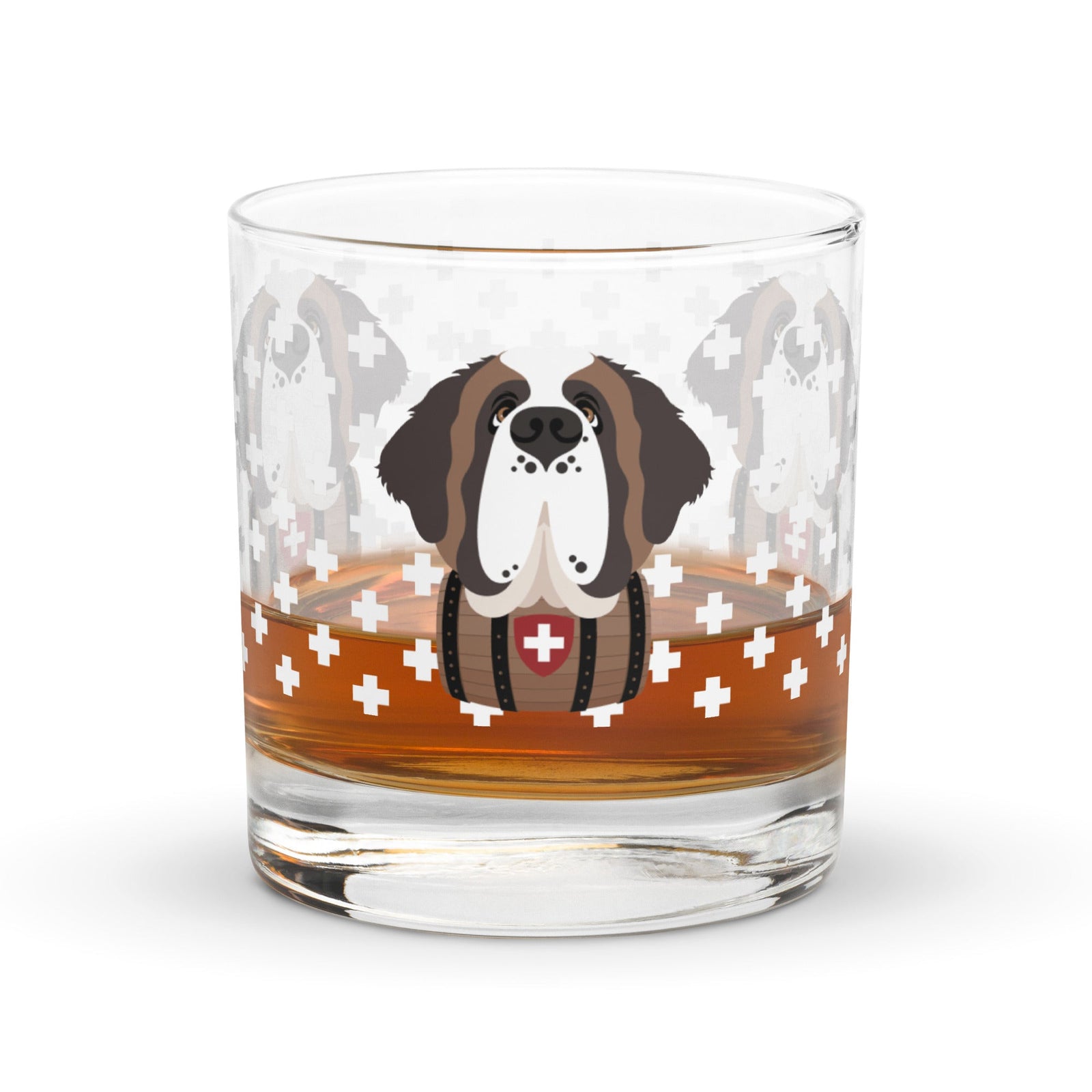 10.5 once rock glass drinkware with a modern pattern of Swiss inspired white crosses and a cute large Saint Bernard dog head with a barrel by Lucy and Norman