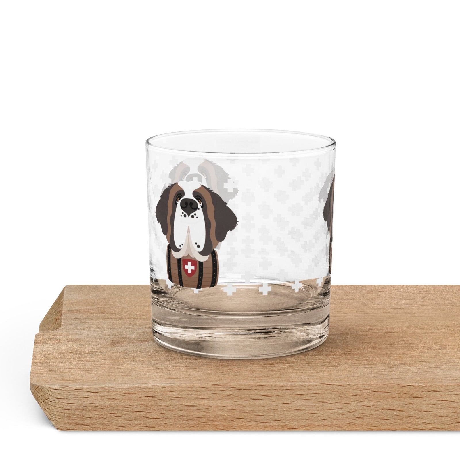 10.5 once rock glass drinkware with a modern pattern of Swiss inspired white crosses and a cute large Saint Bernard dog head with a barrel by Lucy and Norman