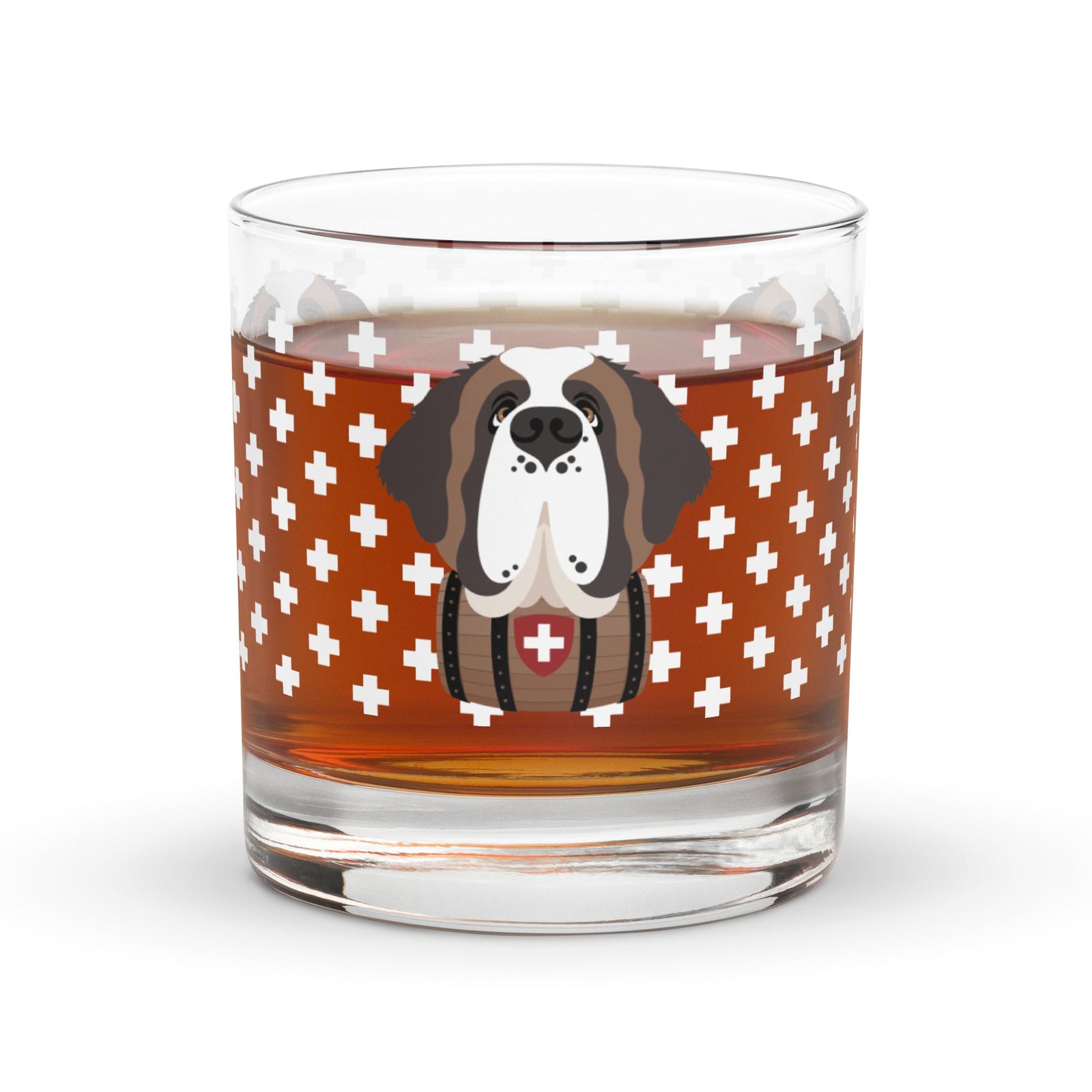 10.5 once rock glass drinkware with a modern pattern of Swiss inspired white crosses and a cute large Saint Bernard dog head with a barrel by Lucy and Norman