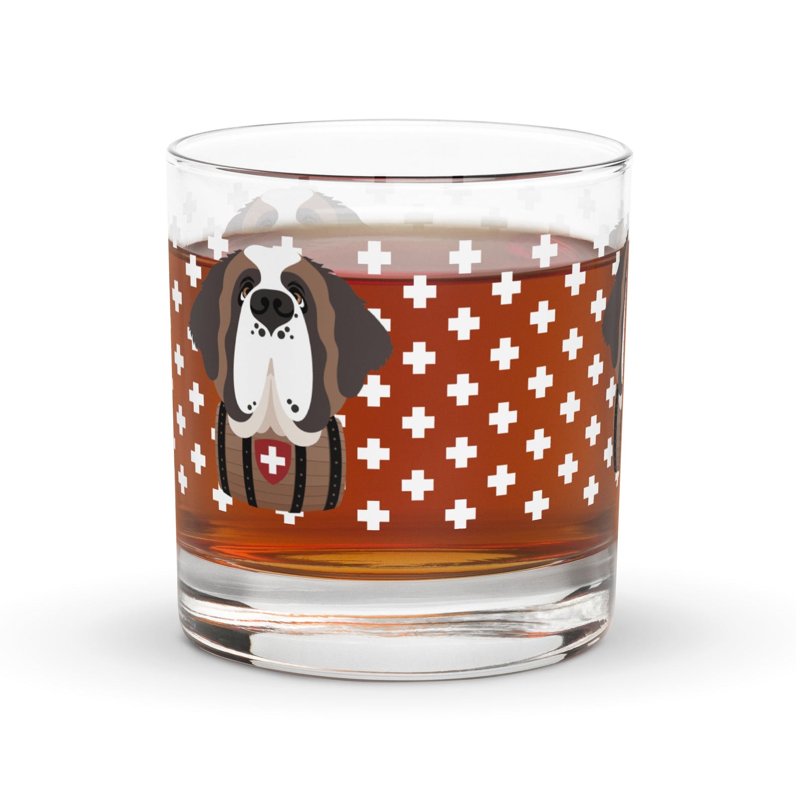 10.5 once rock glass drinkware with a modern pattern of Swiss inspired white crosses and a cute large Saint Bernard dog head with a barrel by Lucy and Norman
