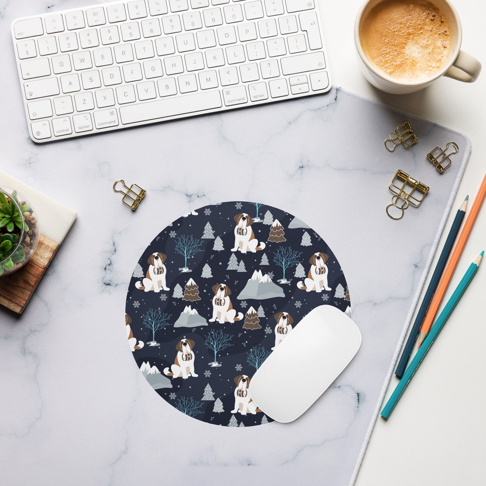 Alpine Chill Saint Bernard Round Mouse Pad - Lucy + Norman
