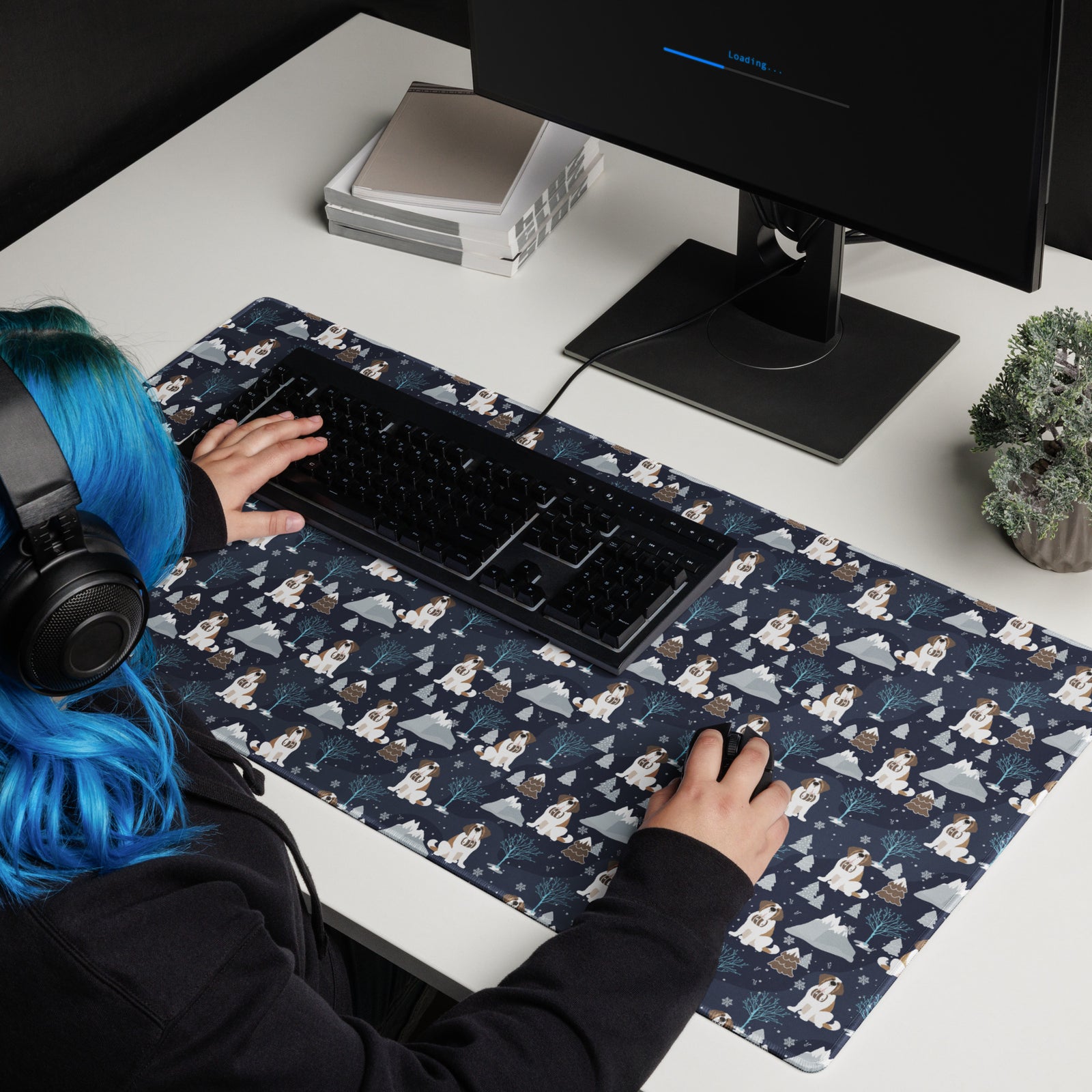 XL office desk mat with Saint Bernard alpine night pattern — navy blue with snowy mountains, trees, and Saints — perfect for cozy winter workspaces.