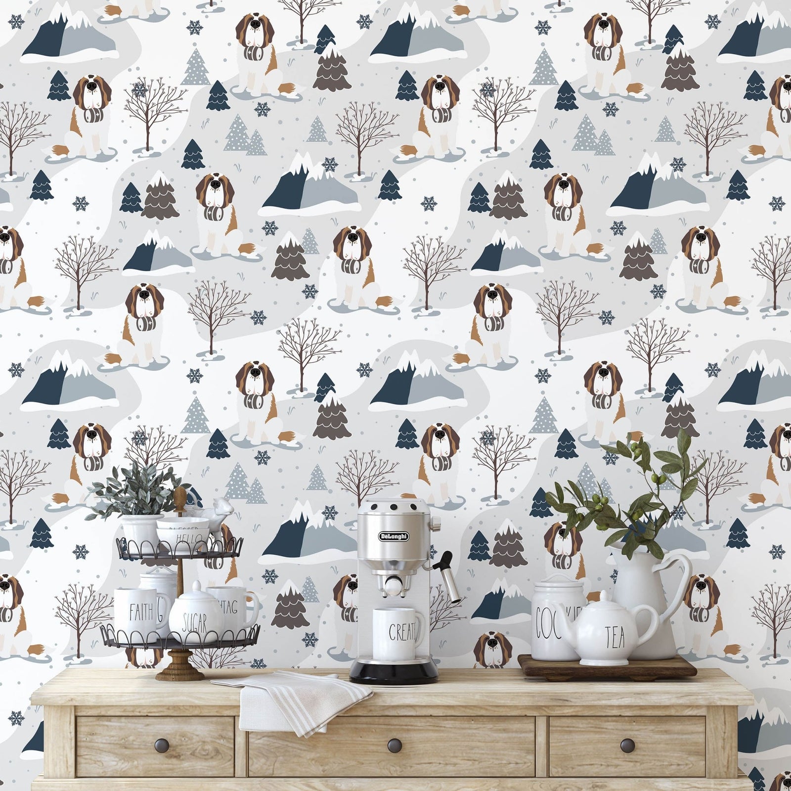 Wooden dresser with kitchen items against a wallpapered wall featuring Saint Bernard dogs, mountains and nature in a wintery snow theme.