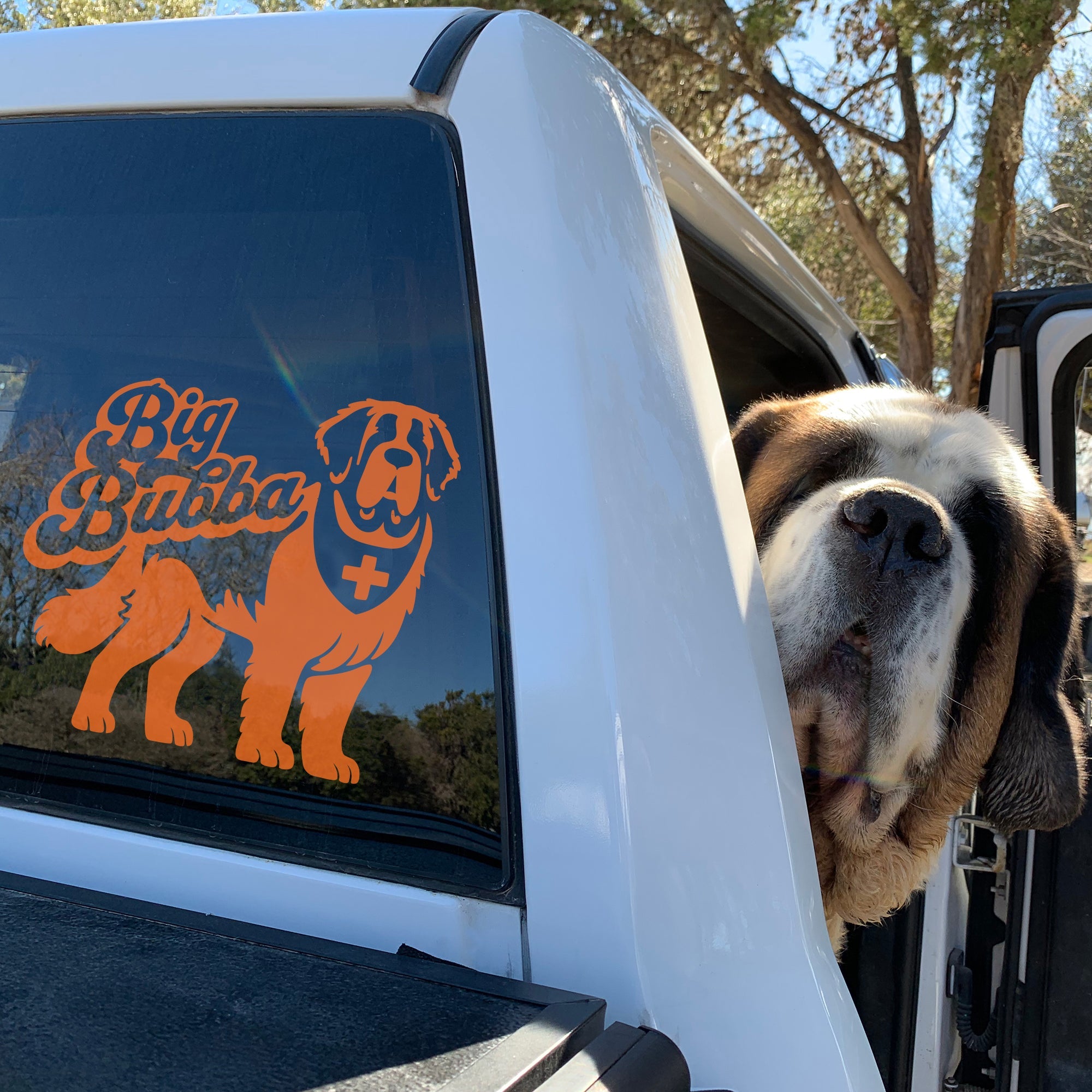 Big Bubba Saint Bernard with Swiss Bandana Window Decal - Lucy + Norman