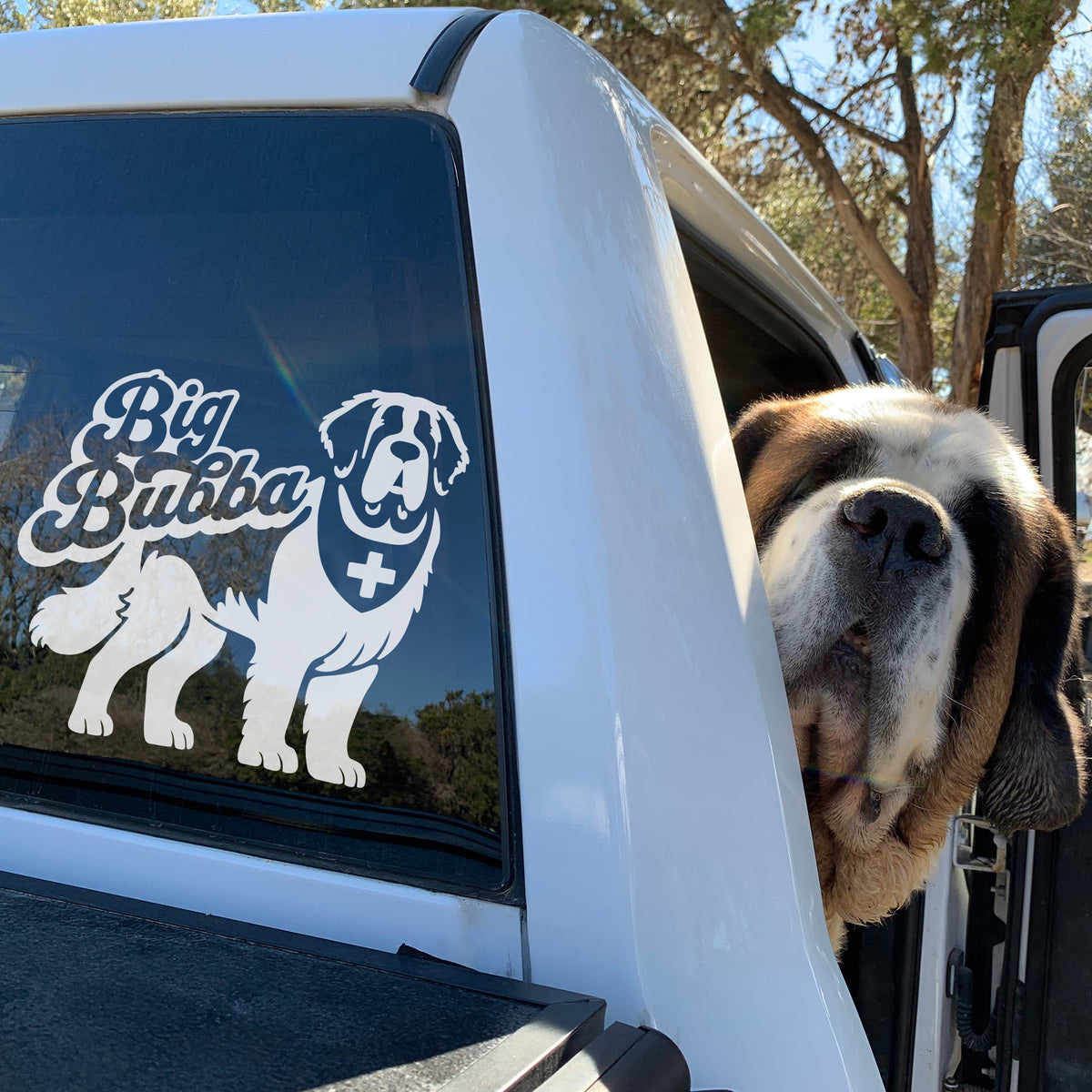 Big Bubba Saint Bernard with Swiss Bandana Window Decal - Lucy + Norman