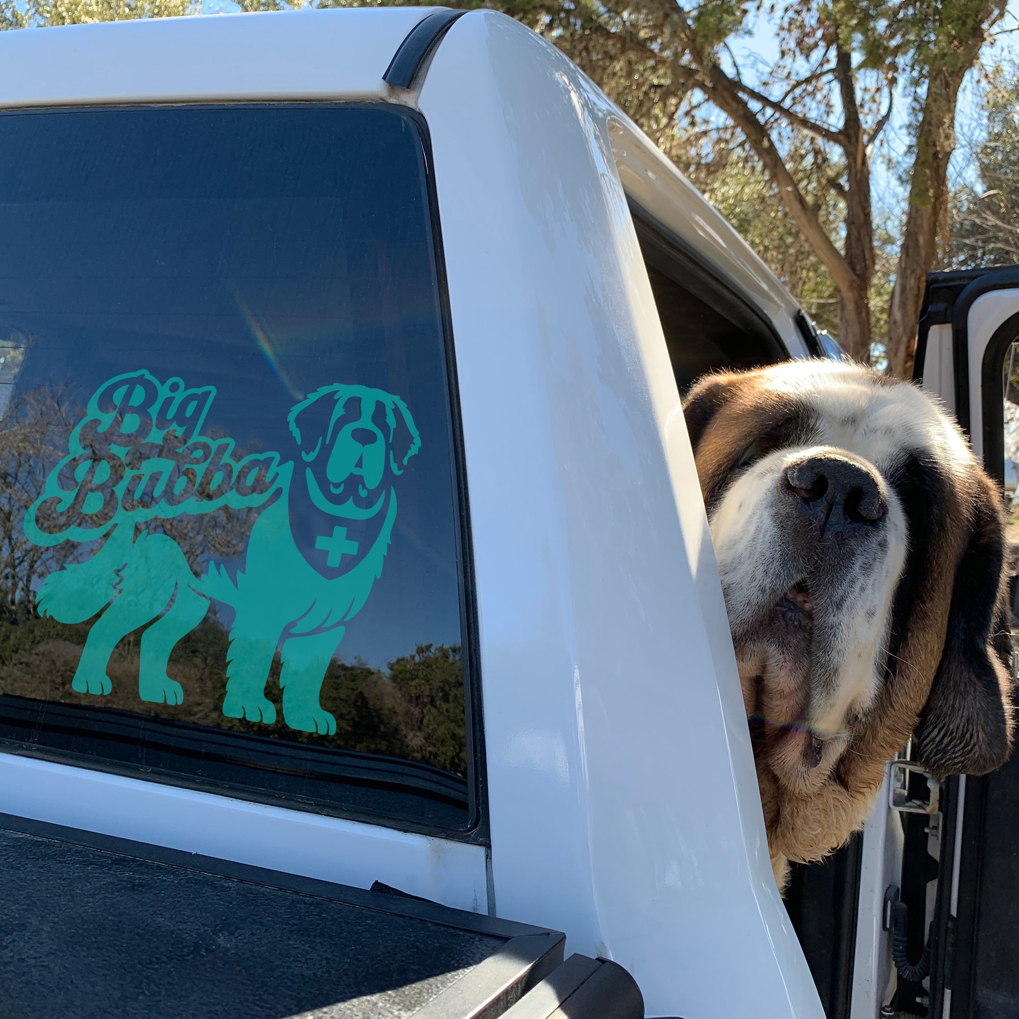 Big Bubba Saint Bernard with Swiss Bandana Window Decal - Lucy + Norman