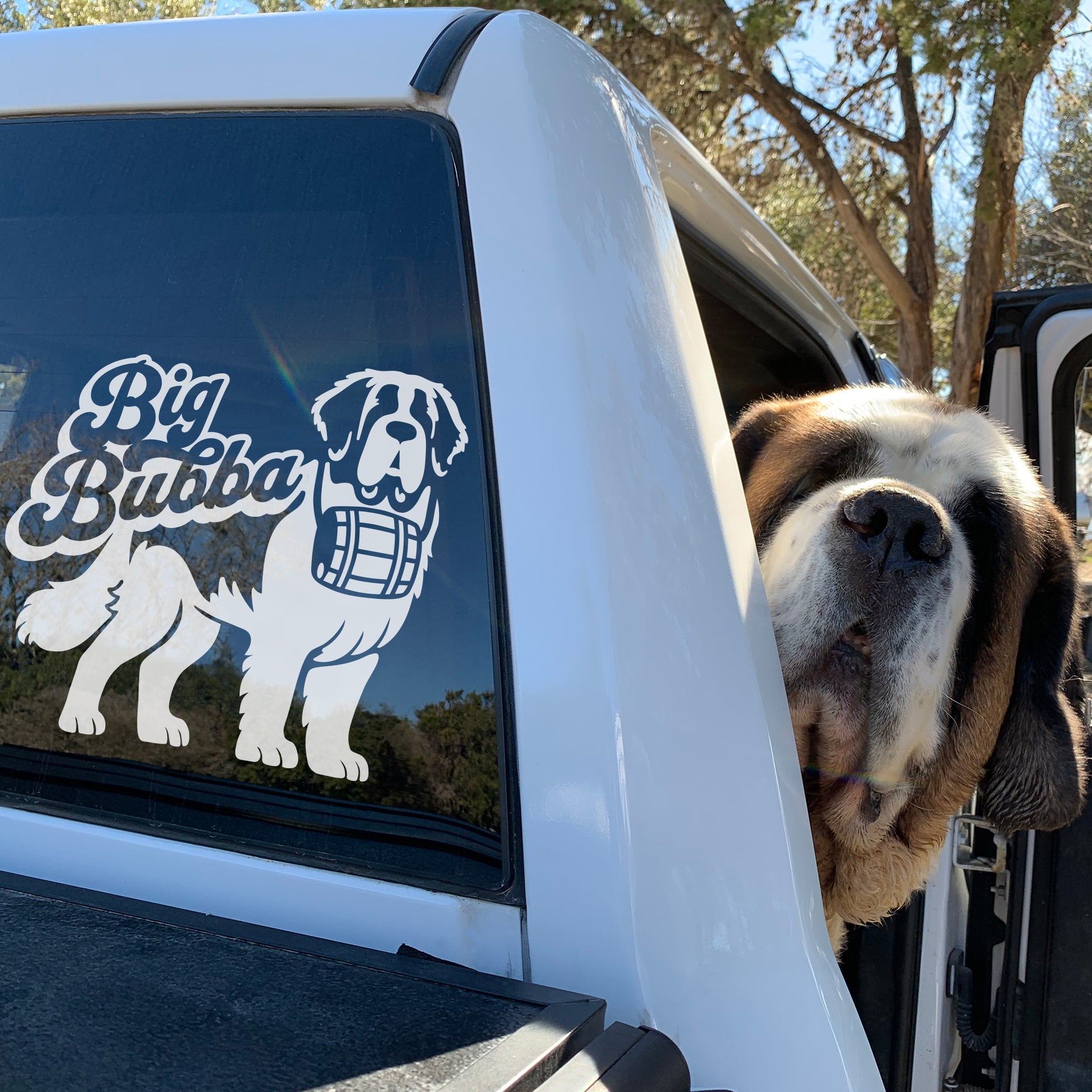 Big Bubba Saint Bernard with Swiss Barrel Window Decal - Lucy + Norman