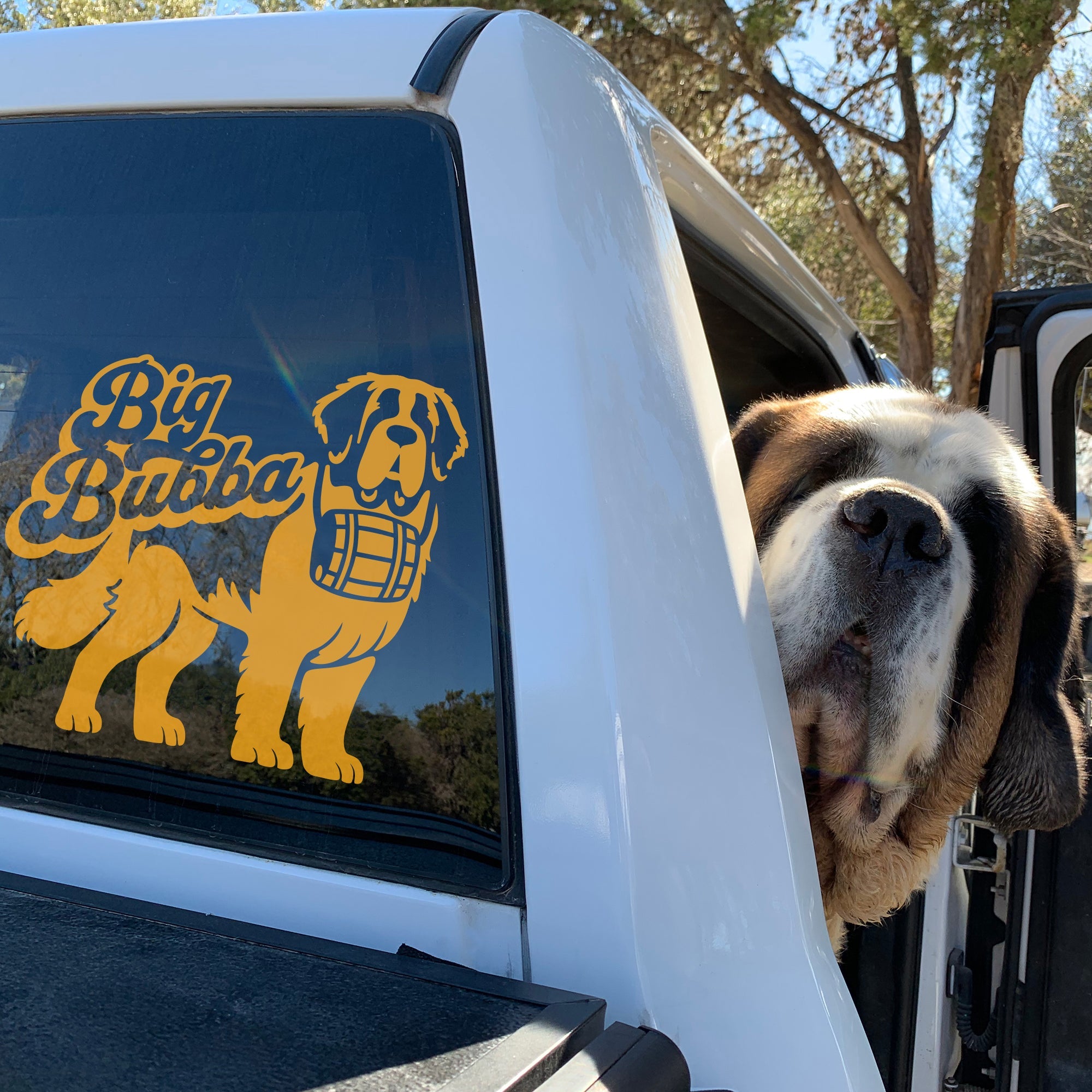 Big Bubba Saint Bernard with Swiss Barrel Window Decal - Lucy + Norman